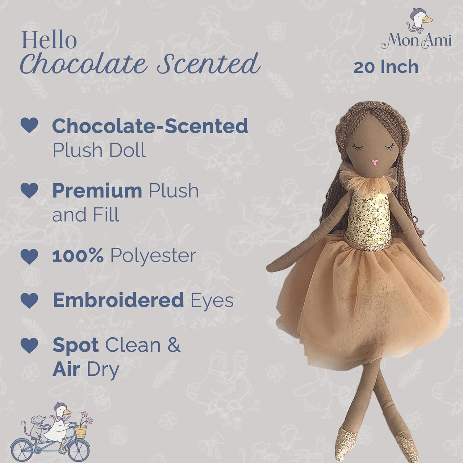 MON AMI Chocolate Scented Designer Doll 20-Inch Plush for Girls | Soft Fragranced Plush Toy | Cuddly Companion for Playtime | Elegant Nursery & Bedroom Décor | Plush Gift for All Ages