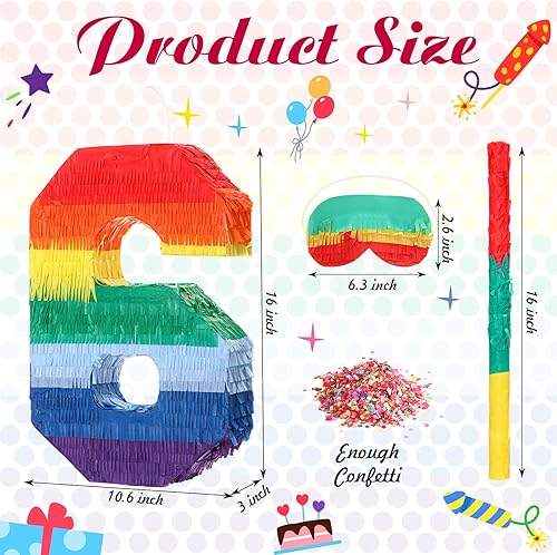 Miniatura 2 de Sratte Piñata de números arcoíris, piñata multicolor, pequeña fiesta de cumpleaños con palo y confeti para cumpleaños, aniversario, fiesta de Cinco