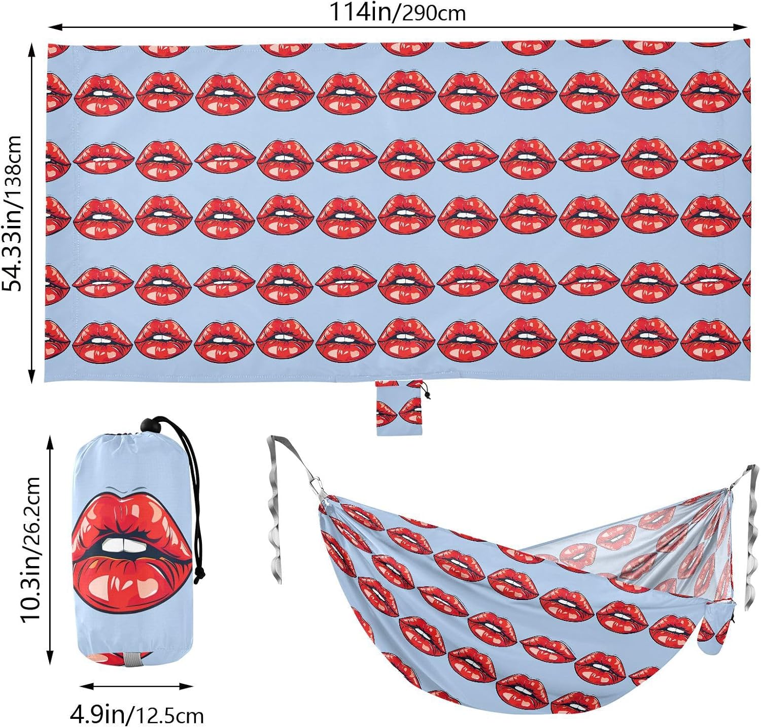 ALAZA Red Lips Camping Hammocks Single or 2 Person 500 lbs Portable Parachute Travel Hammock w/Tree Straps for Hiking Backpacking Indoor Outdoor