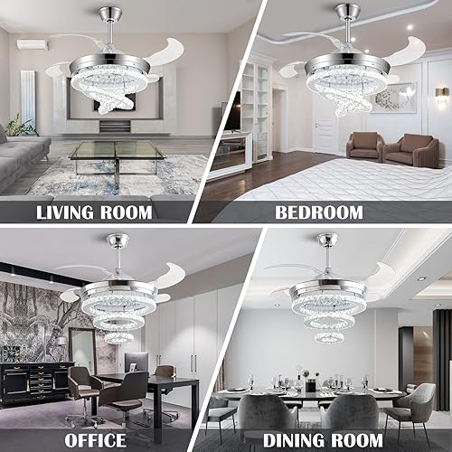 Miniatura 6 de Ventilador de techo de 42" de cristal con luces, ventilador de araña de cristal moderno DIY con control remoto, ventilador de techo retráctil