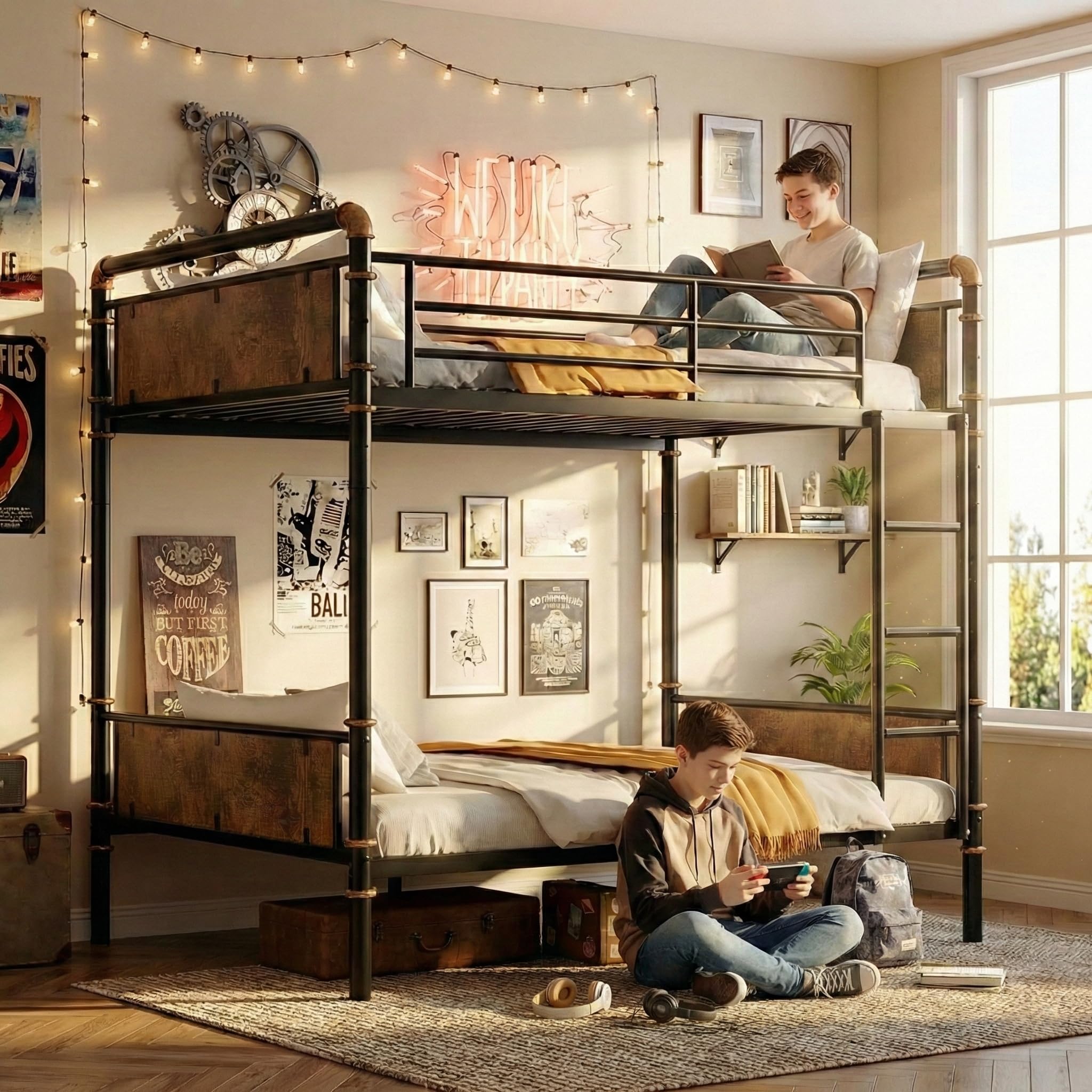 Twin XL over Twin XL Bunk Beds for Kids and Teens , Industrial Heavy-Duty 2 IN 1 Metal Convertible Bunk Bed with Ladder and Slats Support ,15.9" High Guard Rail,Space-Saving ,Noise Reduced,Black
