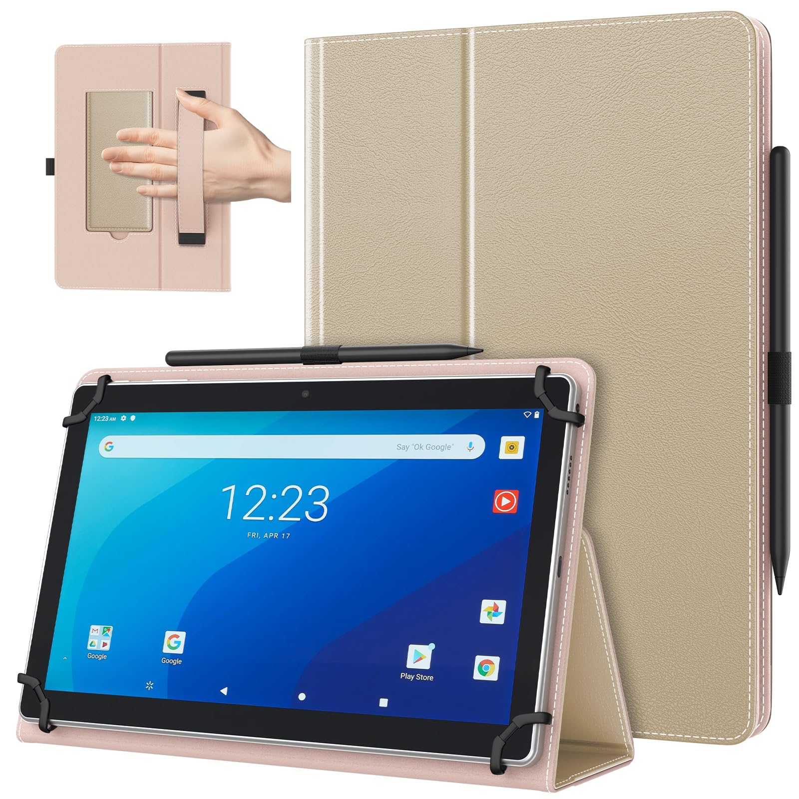 TiMOVO Universal Hülle für 10,1 Zoll Android Tablet mit Stiftschlaufe, Leichtes & Faltbares Standhülle mit Handschlaufe für Alle 9,6-11 Zoll Touchscreen-Tabletten, Champagner Gold