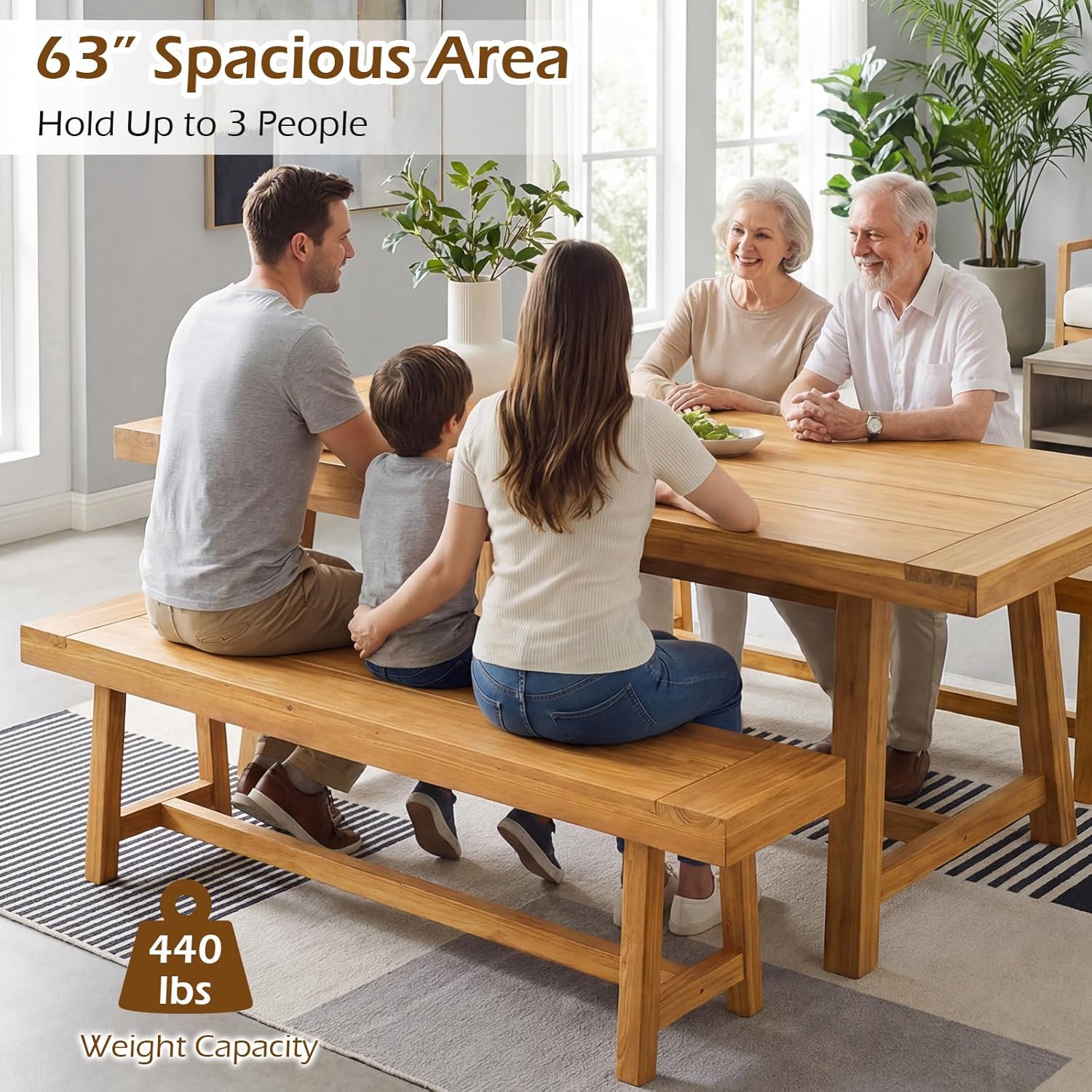 Giantex 63" Dining Bench for 3-Person, Farmhouse Teak Wood Entryway Bench Seat for Indoor Outdoor Use, Living Dining Room, Kitchen, Balcony, Backyard, Easy Assembly (1)