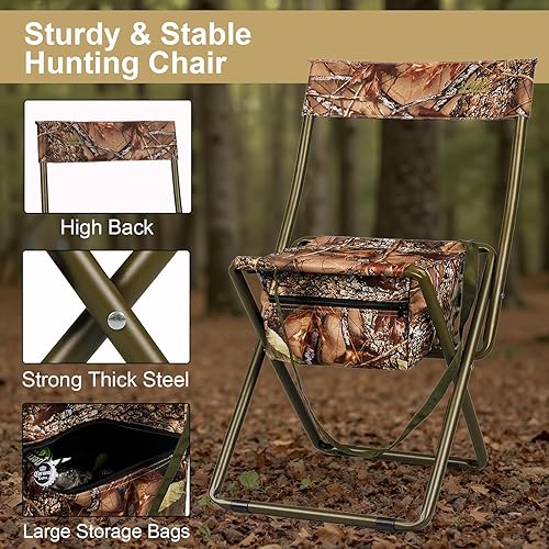 Miniatura 5 de Silla plegable de campamento, silla de caza portátil de respaldo alto, taburete de caza ligero con bolsa de almacenamiento, correa para el hombro,