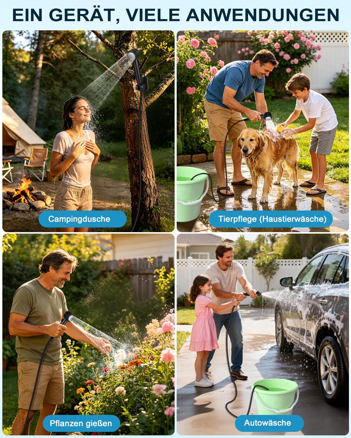 Tragbare Campingdusche mit LED-Stimmungslicht, Mobile Outdoor Dusche mit 8000mAh Akku & Temperaturanzeige, 5 Wasserstufen Camping Dusche mit Pumpe & PP-Filter für Camping, Wandern, Haustiere, Vanlife