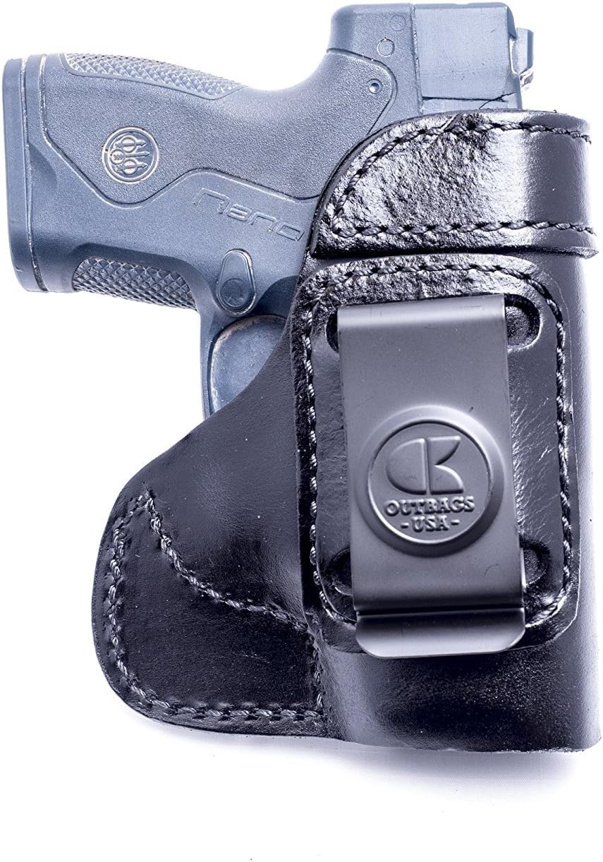 OUTBAGS USA LS3NANO (Black-Right) Full Grain Heavy Leather IWB Conceal Carry Gun Holster for Beretta Nano 9mm. Handcrafted in USA.