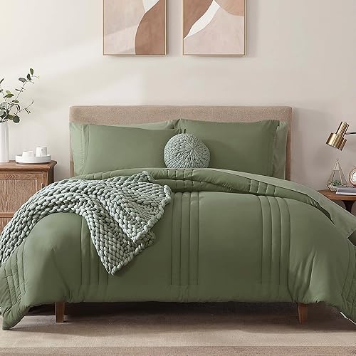 Miniatura 48 de Monbix - Juego de edredón tamaño Queen de 7 piezas, color beige, ropa de cama en una bolsa, con edredones, sábanas, fundas de almohada y cojín