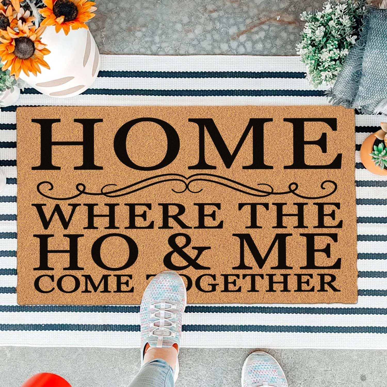 Lustige Fußmatte für Eingang, Außenbereich, mit robuster Veranda, Willkommens-Matten, Eingangsmatte, Hauseinweihung, Geschenkmatte, 74,9 x 43,2 cm (Home Where The Ho and Me Come Together)