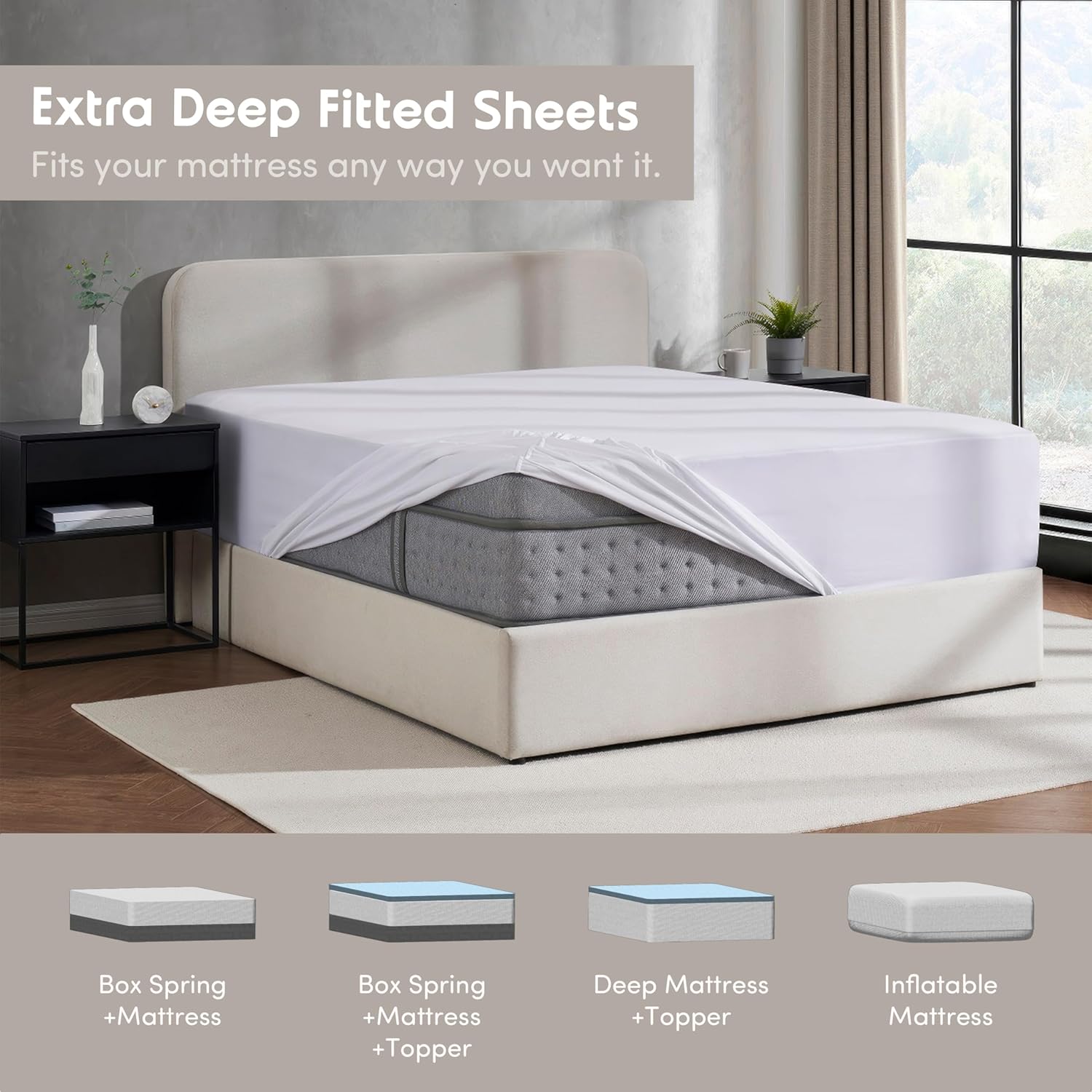 Nestl White Extra Deep Pocket Fitted Sheet Queen, Hotel Luxury Queen Fitted Sheet Only Easily Fits 18 to 24 Inch Mattress, Super Soft, Wrinkle-Free, and Breathable Bottom Sheets with Corner Straps