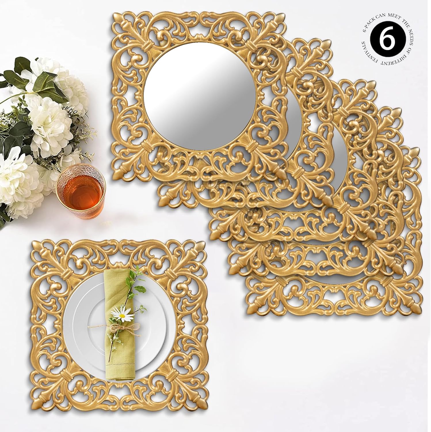 MAONAME 12" Gold Charger Plates Set of 6, Mirror Charger for Dinner Plates, Plastic Plate Chargers with Embossed Rims, Square Chargers for Table Setting, Wedding