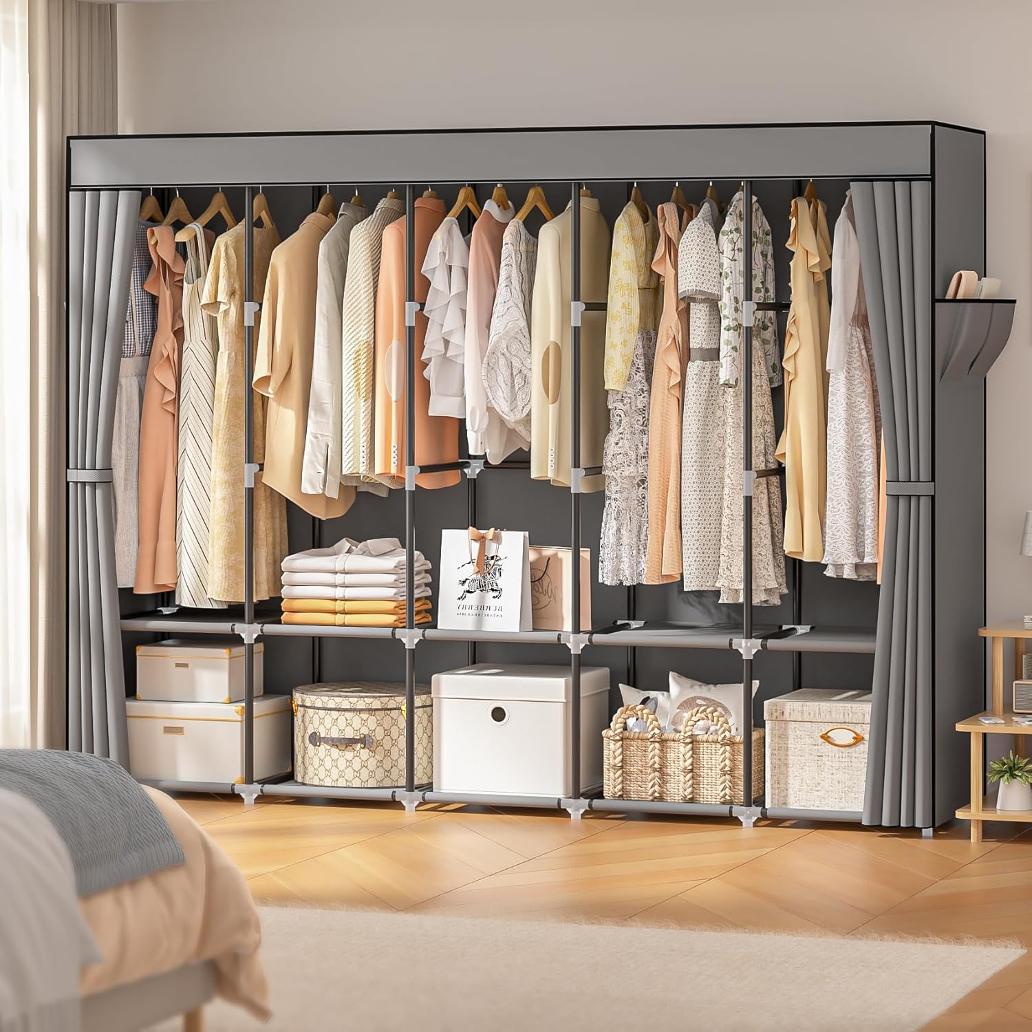 Portable Closets for Hanging Clothes, 83 Inch Large Capacity Wardrobe Closet, Freestanding Armario De Ropa Closet with Cover & 5 Hanging Rods & 10 Storage Shelves (Grey)