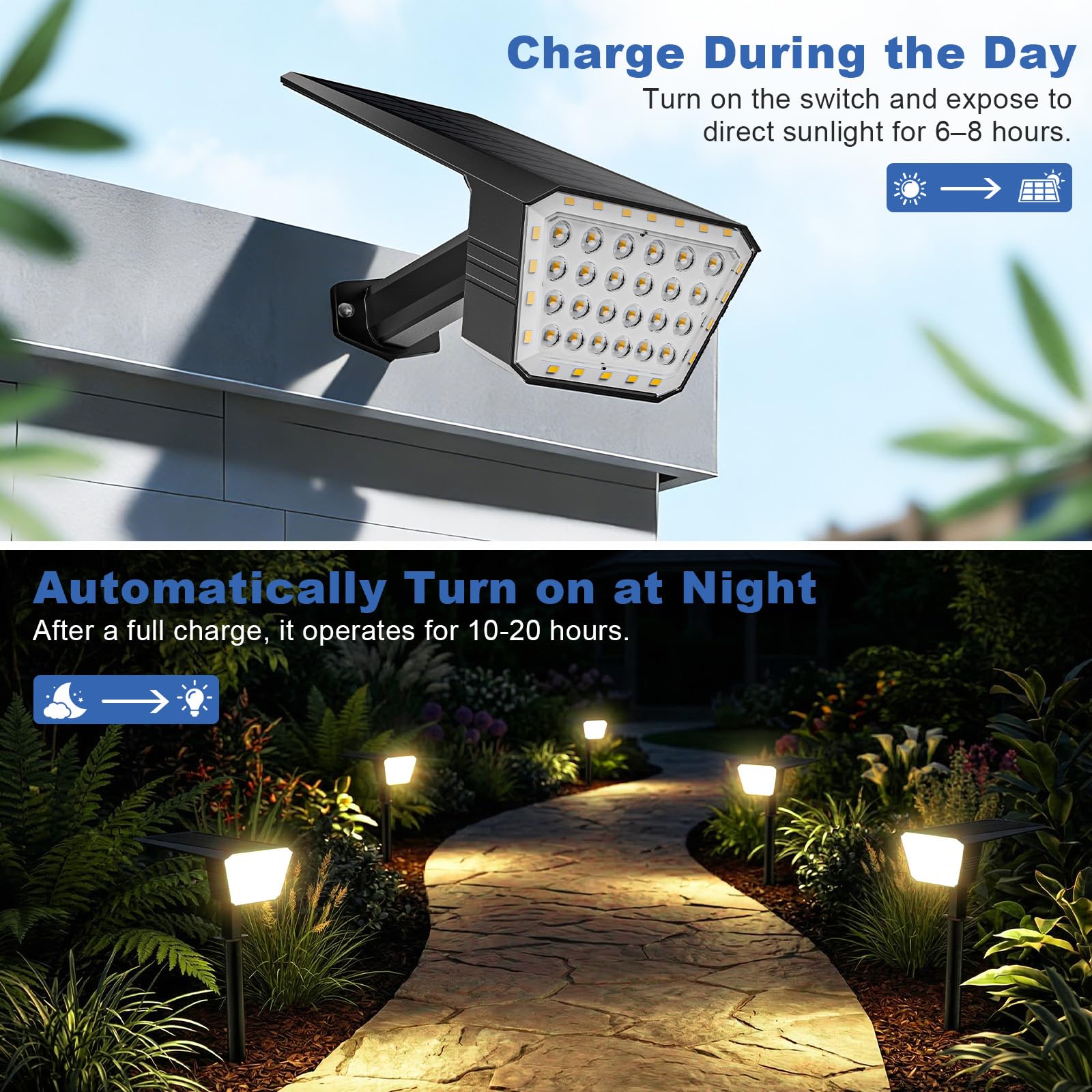 FIFlying Luces Solares LED Exterior Jardin 2 Piezas, 44 LED Focos LED Exterior Solares, 3 Modos Impermeable IP67 Foco Solar para Patio, Caminos, Terraza, Calzada, Piscina, Césped - Blanco Cálido — view 6
