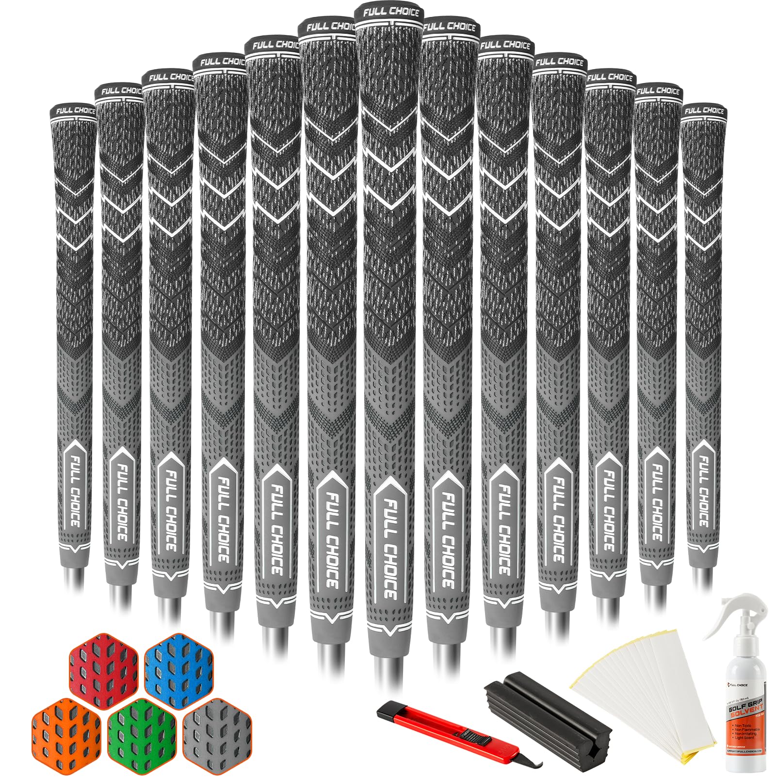 Full Choice Cross Corded Golf Grips 13 Pack with All Kits, Low Taper Design, 3 Sizes 4 Colors Options, Multi-compound Hybrid Golf Club Grips, CG01 Series, Grey, Midsize