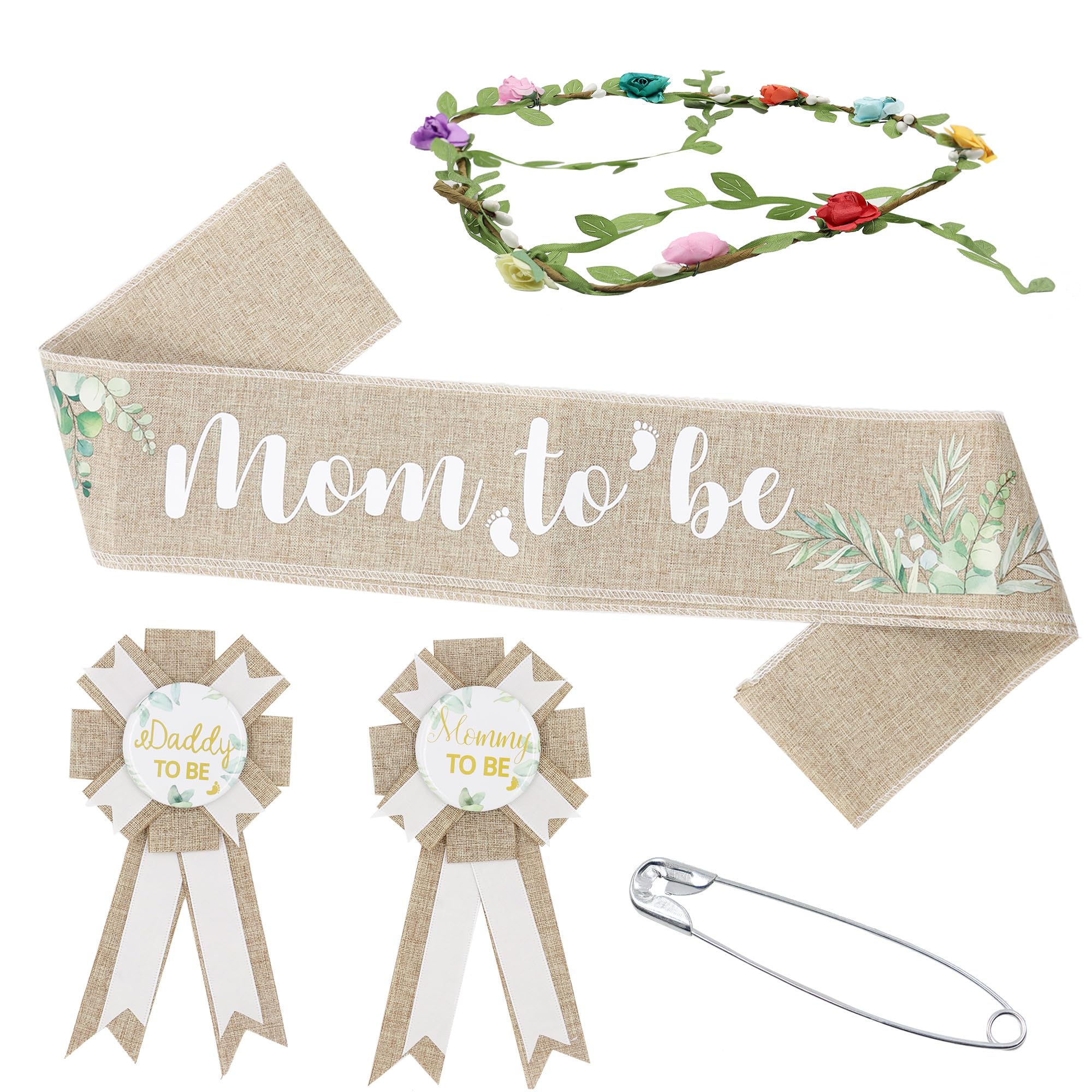 Mom to be Sash Baby Shower Set Boho Baby Shower Decorations with Flower Crown Baby Shower Sash with