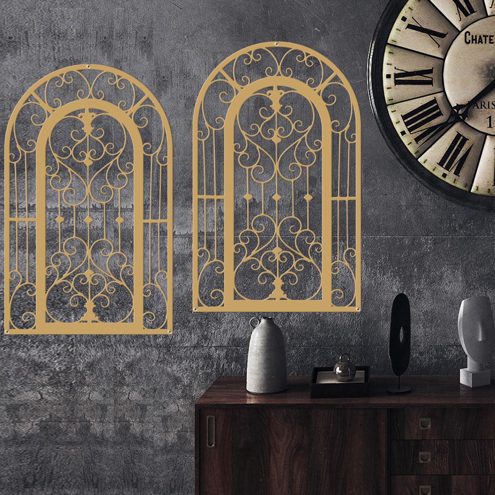 ruelen Wanddekoration aus Metall – Fensterbogen, Wandkunst, Wandpaneele aus geschnitztem Schmiedeeisen. Rustikaler Bauernhaus-Stil mit Medaillon-Schnörkel-Design für Wohnzimmer, Badezimmer Goldene