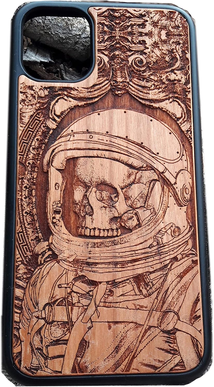 Astronaut Skull Laser Engraved Wood Case Fits iPhone 16, 15, 14, 13, 12, 11 Pro Max Mini & Galaxy S25, S24, S23, S22, S21, S20 Ultra Plus – Eco-Friendly, Slim, Durable Wooden Phone Cover
