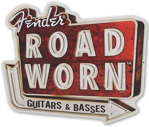 Fender Road - Letrero de metal para guitarras y bajos desgastados, decoración de pared vintage para sala de música o cueva de hombre