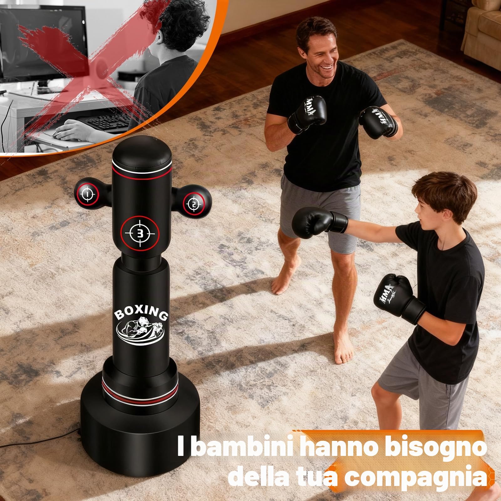 NZQXJXZ Sacco da Boxe da Terra per Adulti, 180cm Sacco da Boxe Autoportante con Guantoni da Boxe, Pompa, Corda per Saltare e Palla per Riflessi, Sacco da Box Gonfiabile per Pratica di Muay Thai MMA