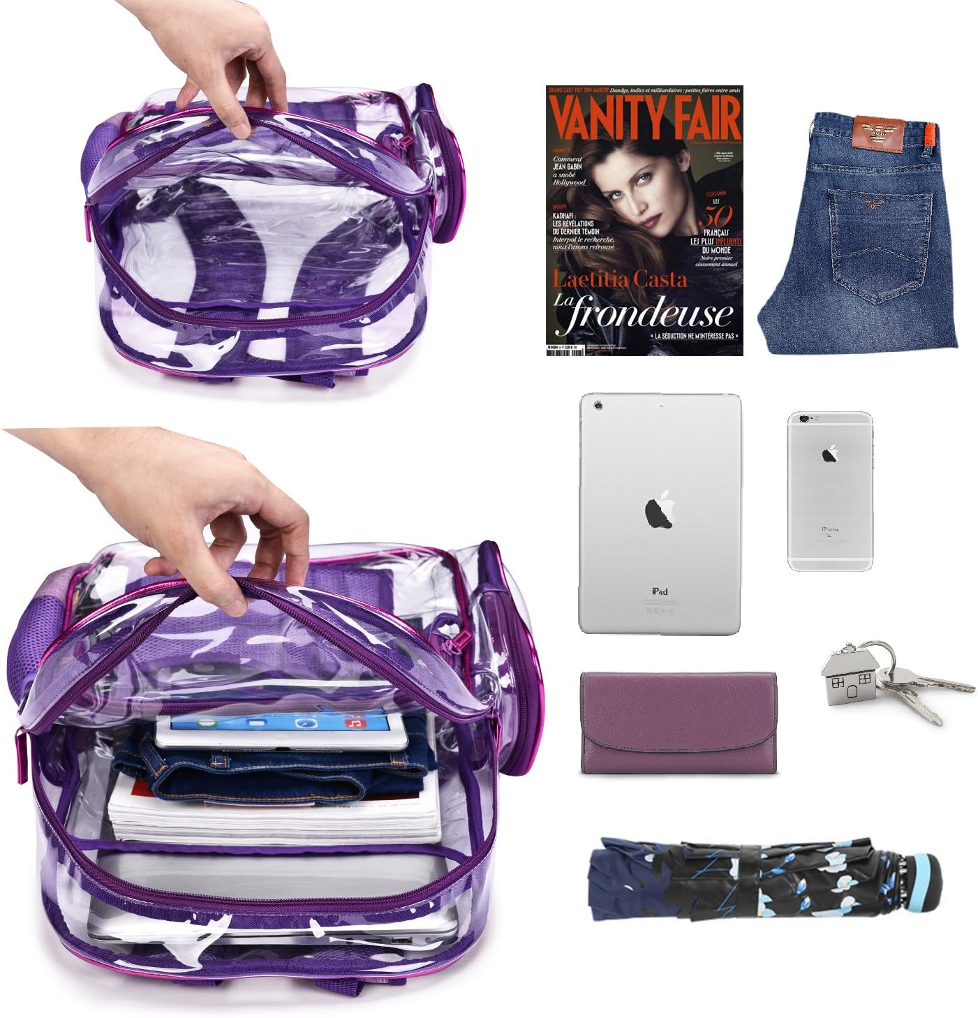 ibeacos Clear Backpack with Cosmetic Bag & Case, Clear Transparent PVC Multi-pockets Backpack Outdoor Bookbag Travel Makeup Quart Luggage Pouch Organizer Fit 15.6 Inch Laptop, Noble Purple