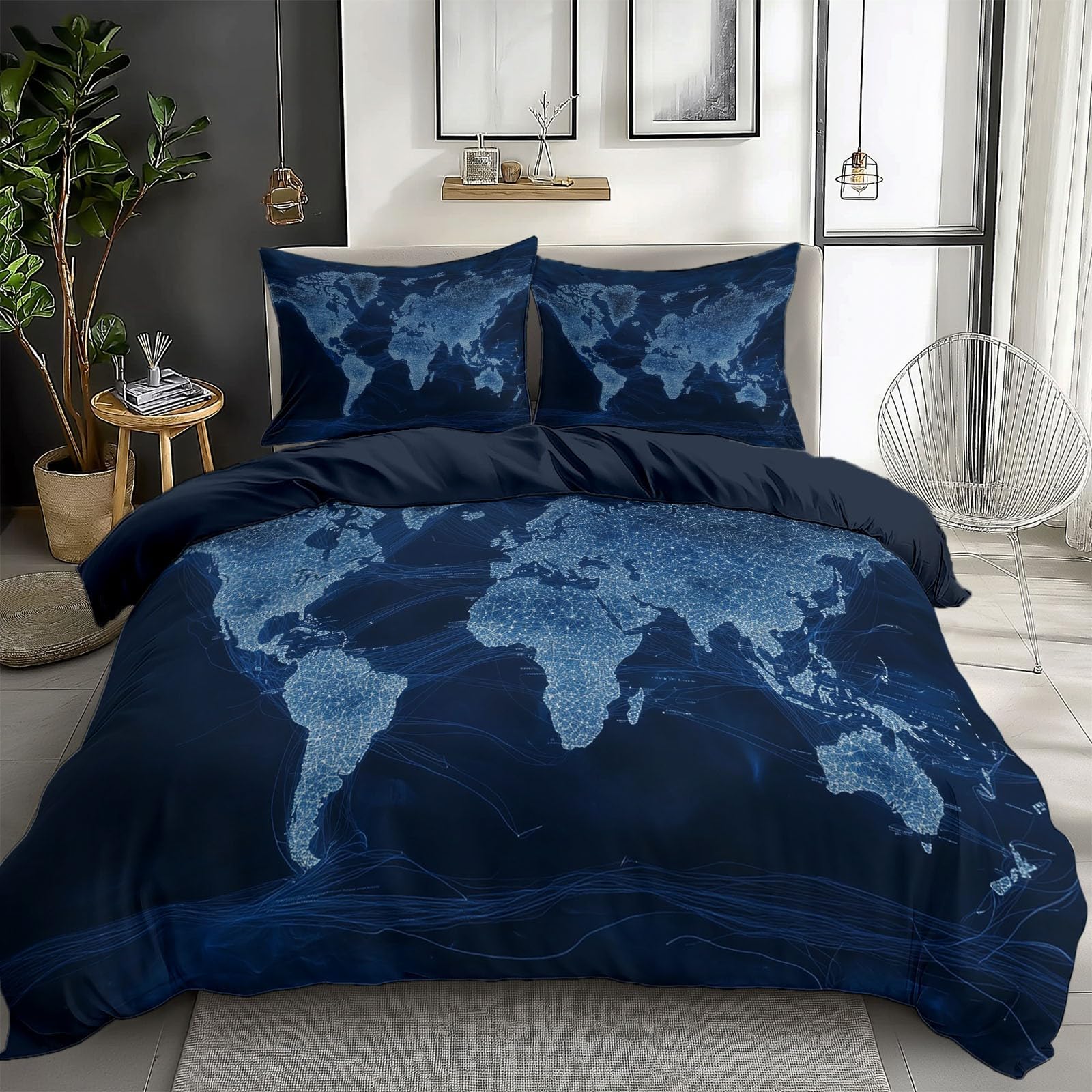 Blue Bedding Duvet Cover Oversized King Size World Map Icon, Super Soft Duvet Cover Set Lightweight Soft Hypoallergenic Reversible Bedding for Adult Teen