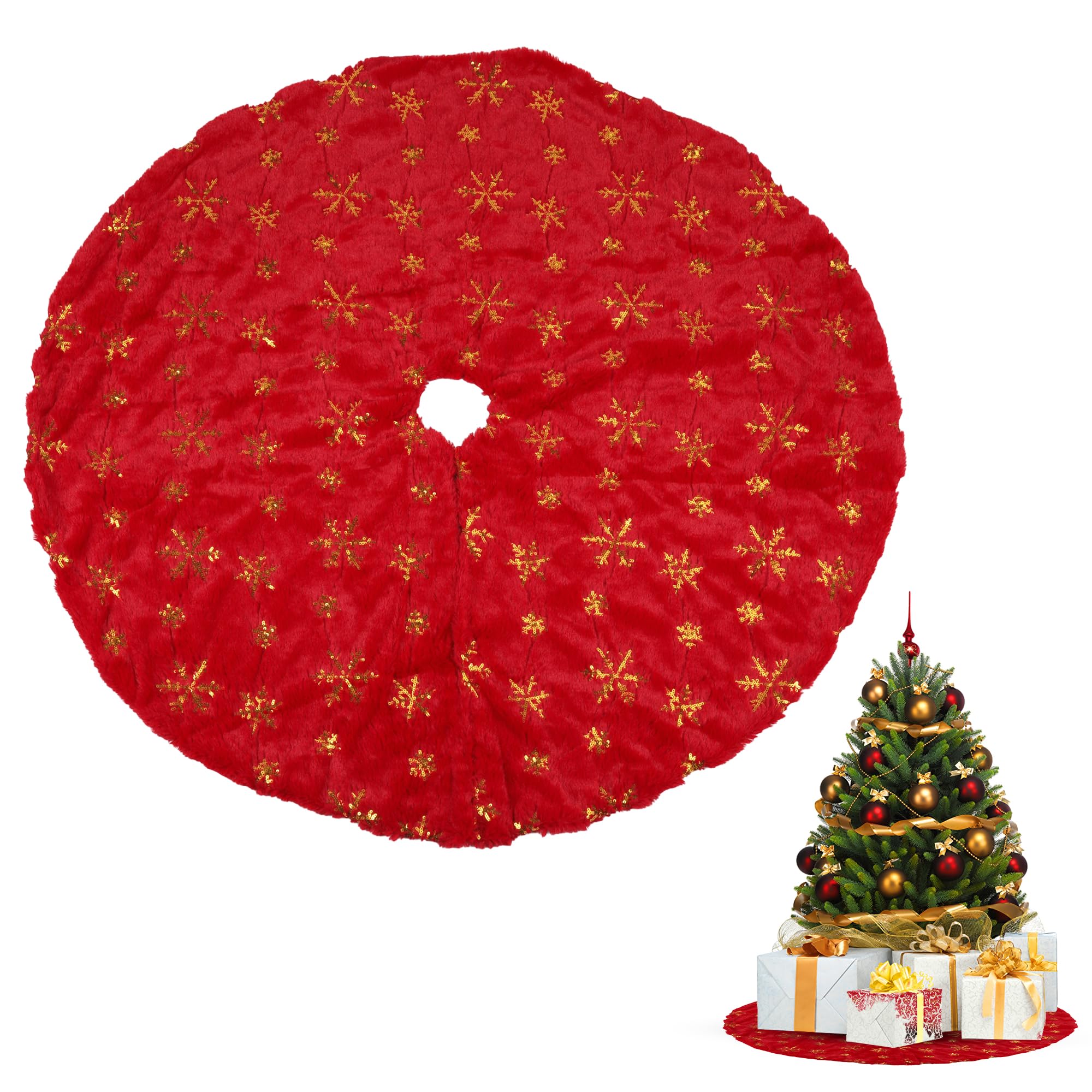 Trimming Shop 1M Christmas Tree Skirt Large Red and Gold Snowflake Mat for Xmas Tree Base | Elegant Holiday Tree Skirt for Christmas Decorations, Parties & Festive Under Tree Cover
