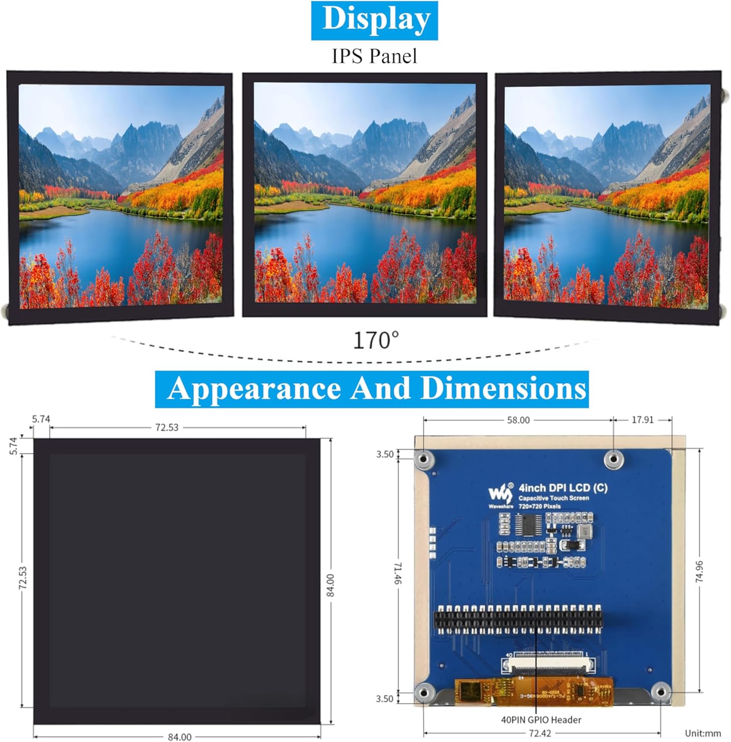 4inch DPI LCD Square Capacitive Touch Screen Compatible with Raspberry Pi 5/4B/3B+/3B/2B/Zero/Zero W/WH/Zero 2W, 720x720 Resolution, IPS Display, Toughened Glass Cover Low Power Solution