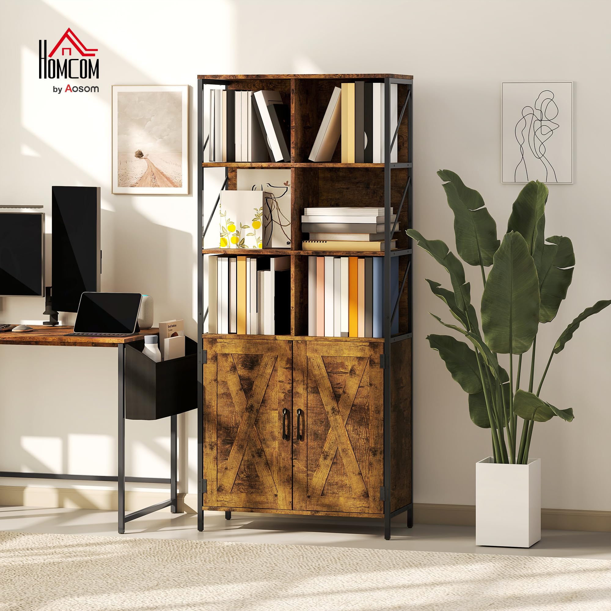 HOMCOM Librería de 6 Niveles Estilo Industrial 75x34x172 cm Marrón Rústico | Estantería de Libros Organizador, 6 Compartimentos Abiertos, 2 Puertas, Estante Ajustable, Salón Oficina Dormitorio