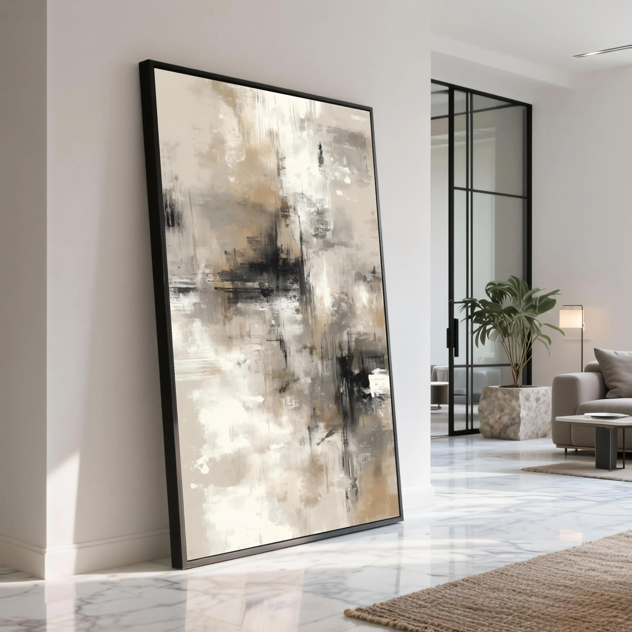 UUDEZO Neutral Tones Abstract Canvas,Beige and Black Contemporary Painting Wall Art Canvas Home Decor, Ready to Hang(80x110cm(32x43inch)