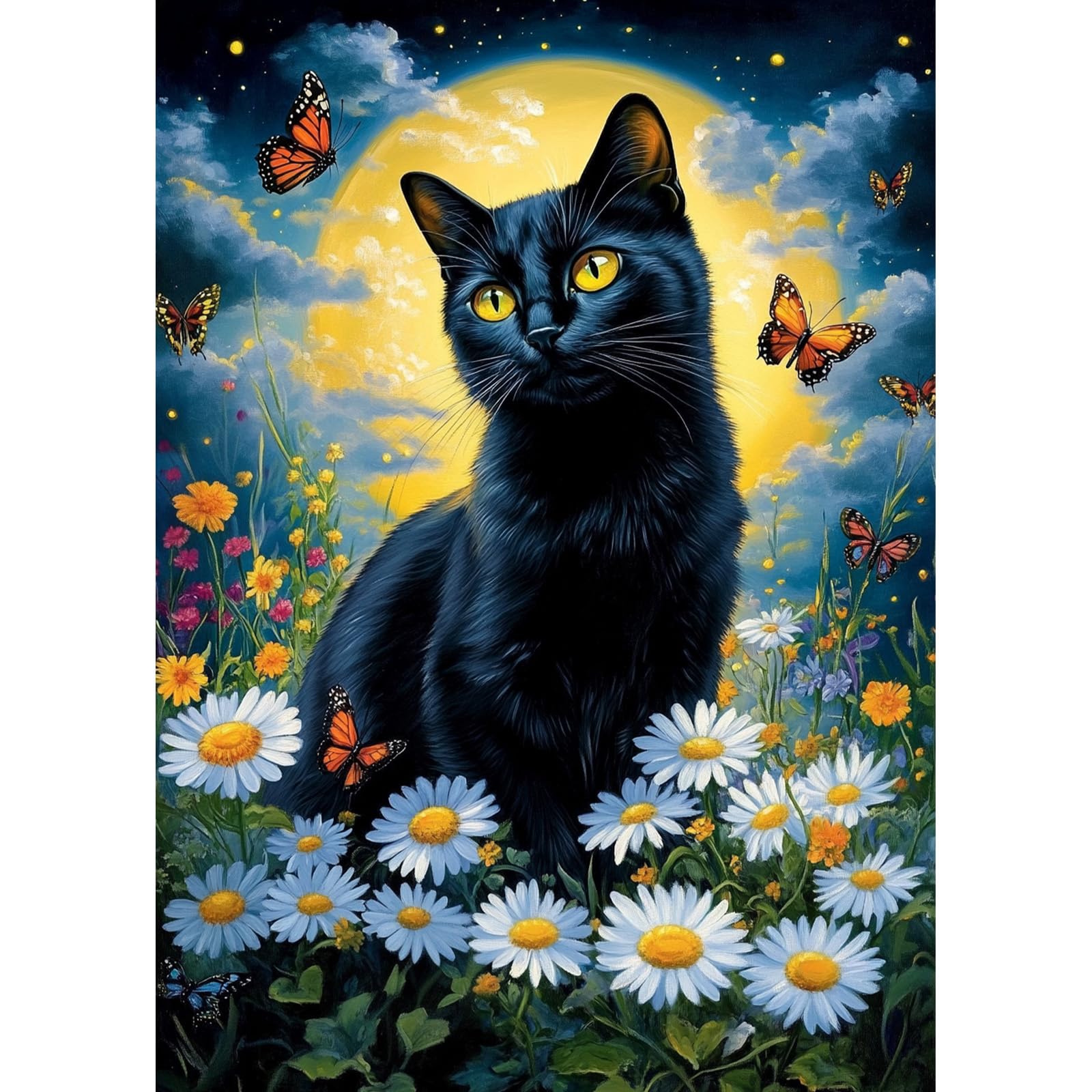 HEIBAGO Black Cat Diamond Art Kits For Adults - 5D Full Drill Round Starry Night Painting 12x16 Inch