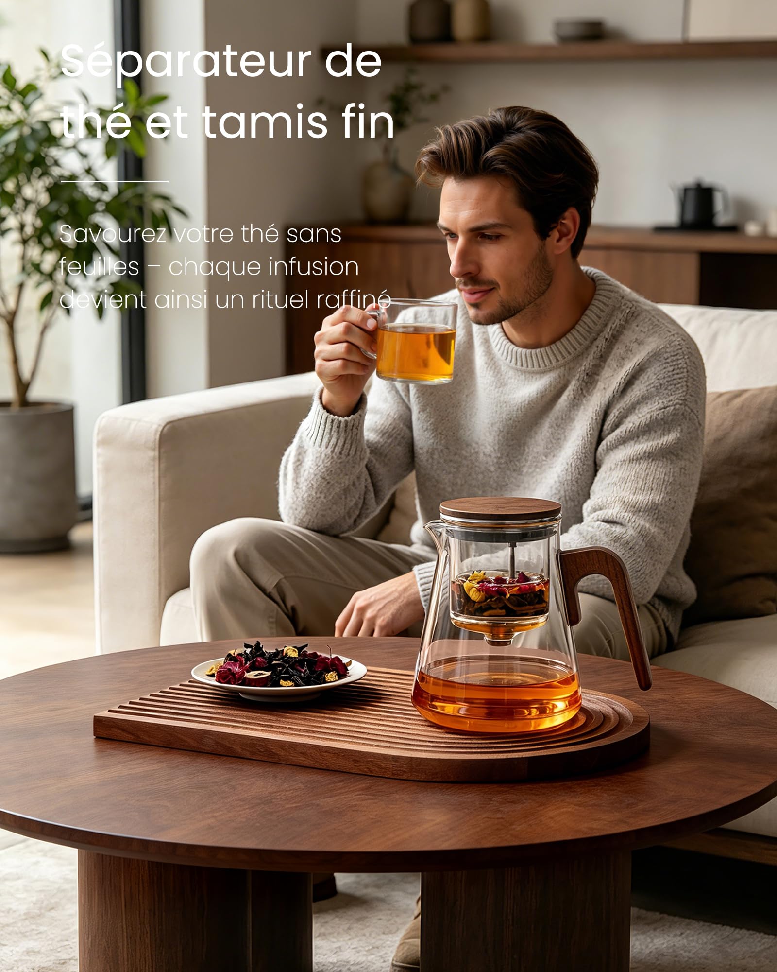 ZENS Theiere con infusor, Magic tetera de cristal con tapa de succión magnética para té de hojas sueltas sin daños, mango de madera de nogal, regalos para los amantes del té-800ML