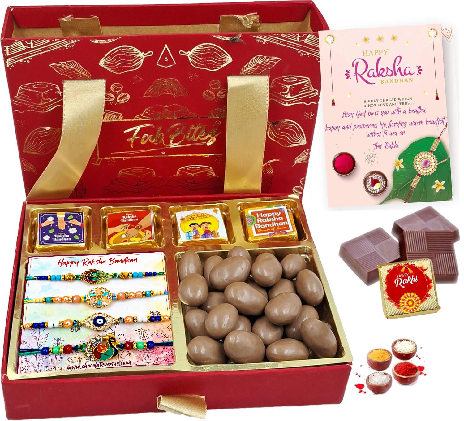 Rakhi Hamper for Brother & Bhabhi | 4 Premium Designer Rakhi Set &Chocolate Coated Almond with Dry Fruit Chocolates Premium Packing | Raksha Bandhan Gift Box for Bhai & Bhaiya-image-8