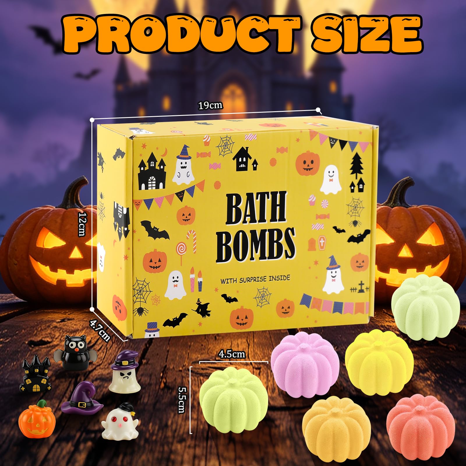 Bombas de baño de Halloween con juguetes sorpresa | 6 bombas de baño con forma de calabaza, fórmula con sales de baño, sorpresa de baño para Halloween