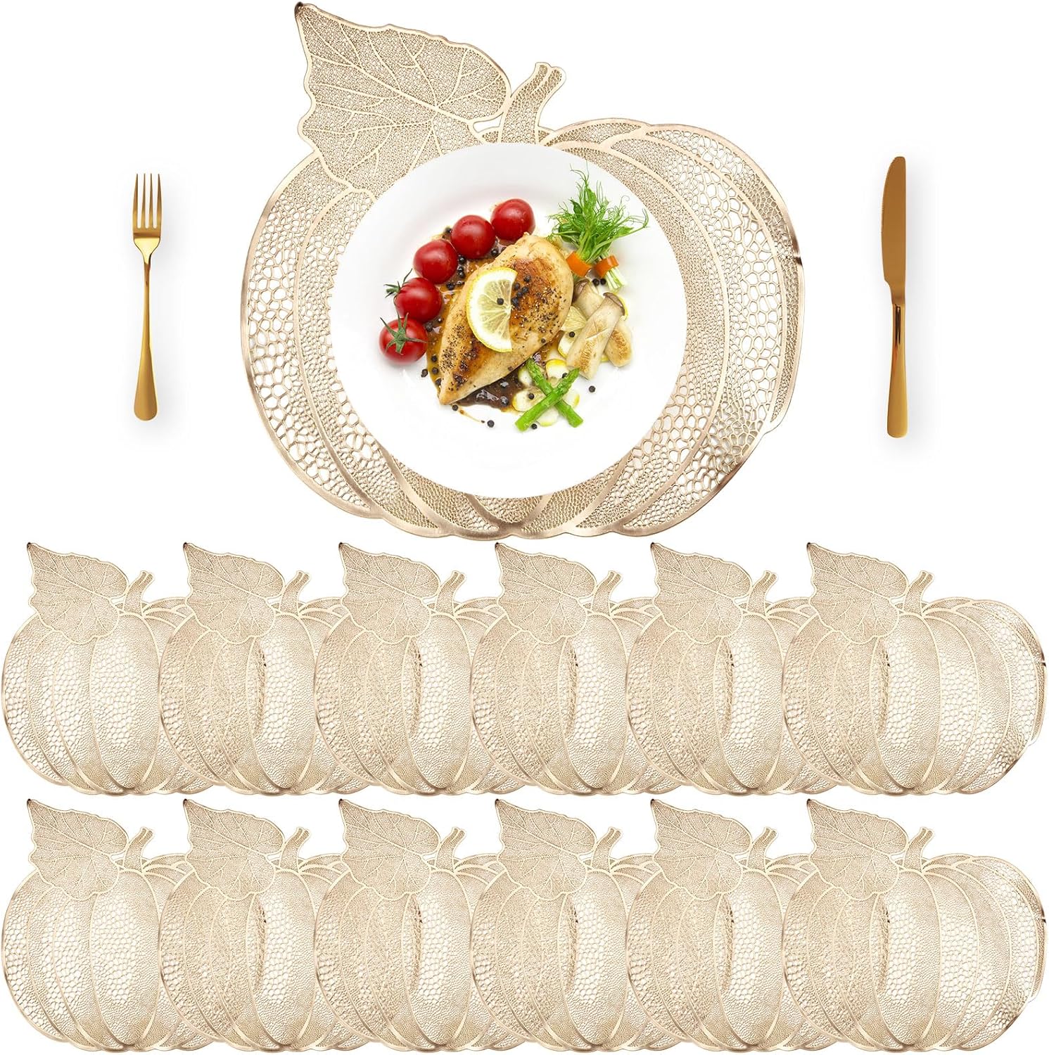 Sliner 12 Pack Thanksgiving Pumpkin Placemats 17 x 16 Inch Vinyl Metallic Pressed Fall Autumn Table Mat Decorations Farmhouse Harvest Pumpkins Round Placemats for Party Kitchen Dinning (Gold) Gold 12