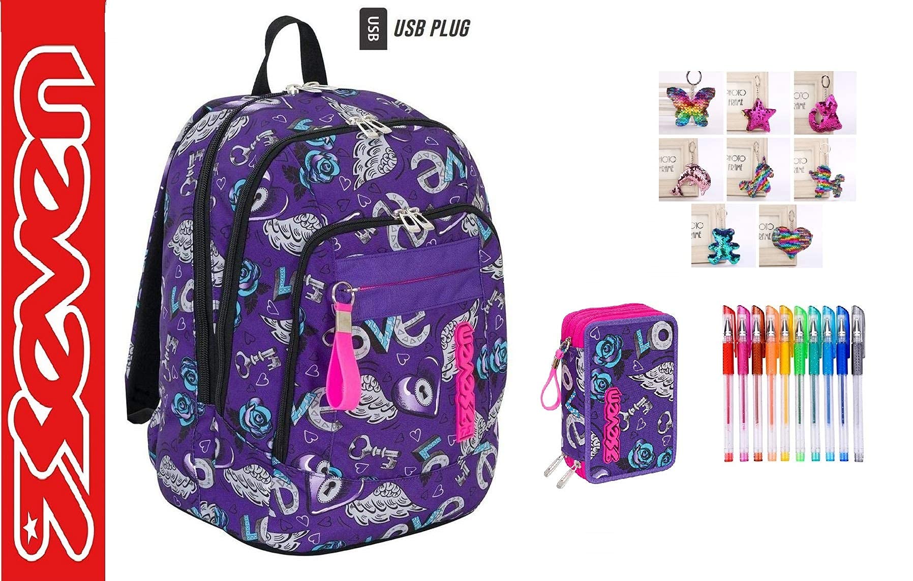 ZAINO SCUOLA SEVEN New Advanced Keys Supporto USB viola cuori ragazza + ASTUCCIO 3 PIANI COMPLETO + astuccio 3 piani completo zip + portachave paillettes + omaggio 10 penne colorate