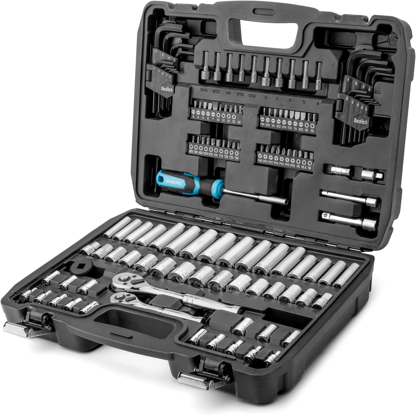 DURATECH 121-Piece Mechanics Tool Set, 1/4" and 3/8" Drive Socket Set, Cr-V Metric and Imperial Sockets, 72-Tooth Quick-Release Ratchet, 40-in-1 Magnetic Screwdriver and Hex Keys with Carrying Box