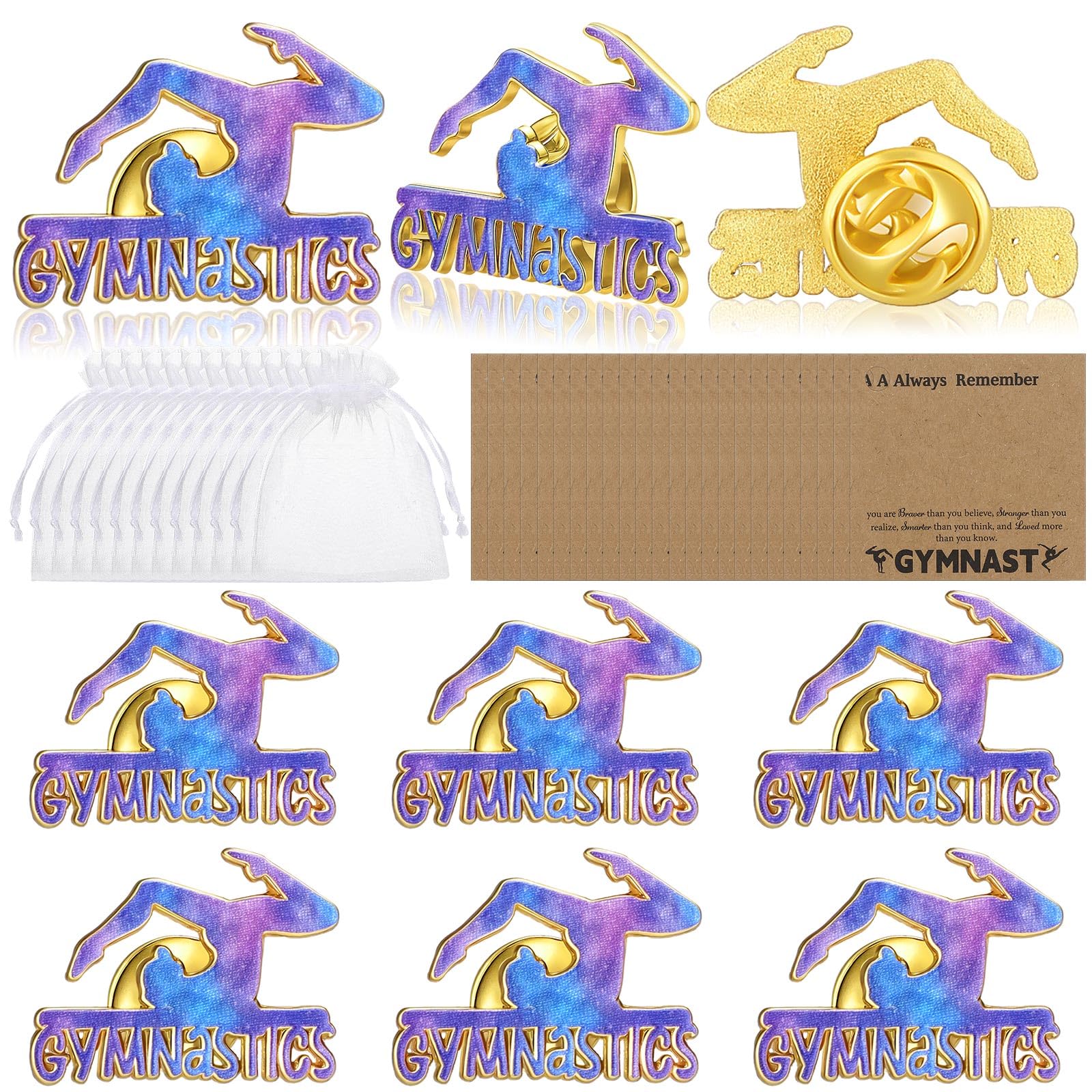 Hoteam 24 Sets Gymnastik Pin Geschenkset mit Gymnastik Anstecknadeln Karten Organza Beutel für Party Favors Award Button Cute Birthday Graduation Team Geschenke