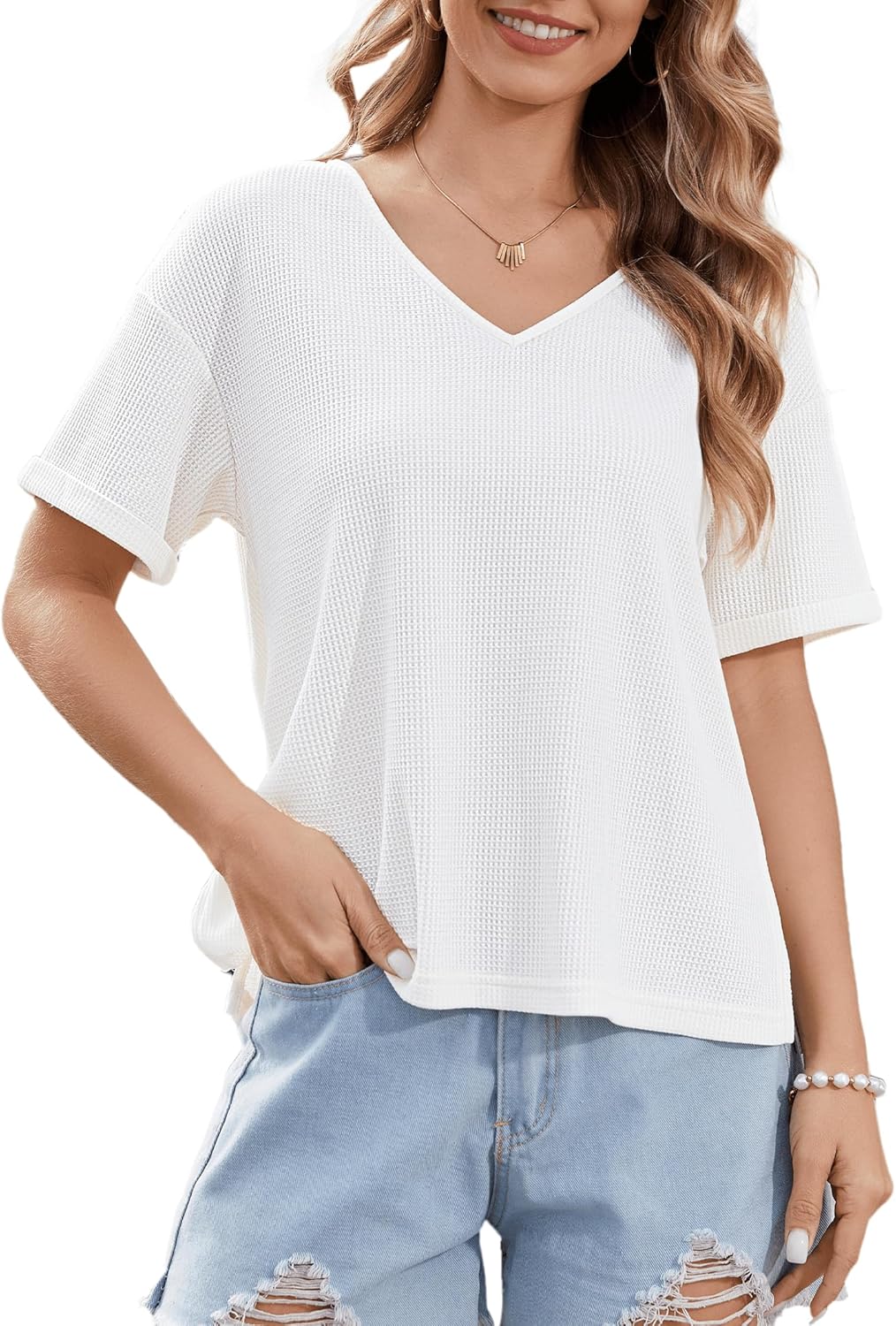 Womens V Neck Short Sleeve T Shirts Waffle Knit Tops Casual Loose Fit Casual Summer Tees Trendy Blouses S-XXL