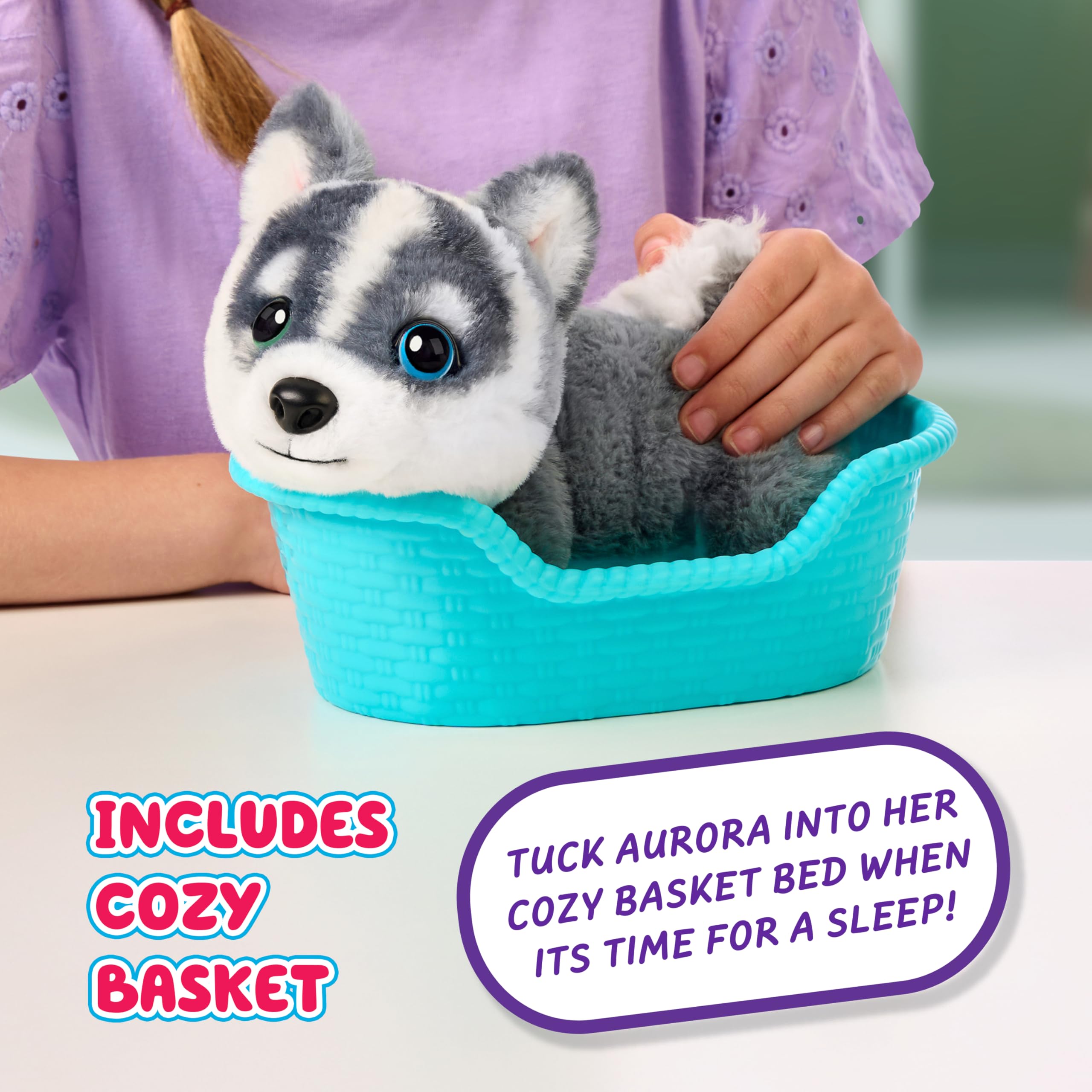 Little Live Pets My Really Real Puppy Mini Aurora The Husky, Interactive Plush Toy with Display Basket, 20+ Sounds and Reactions, Puppy Toys for Kids
