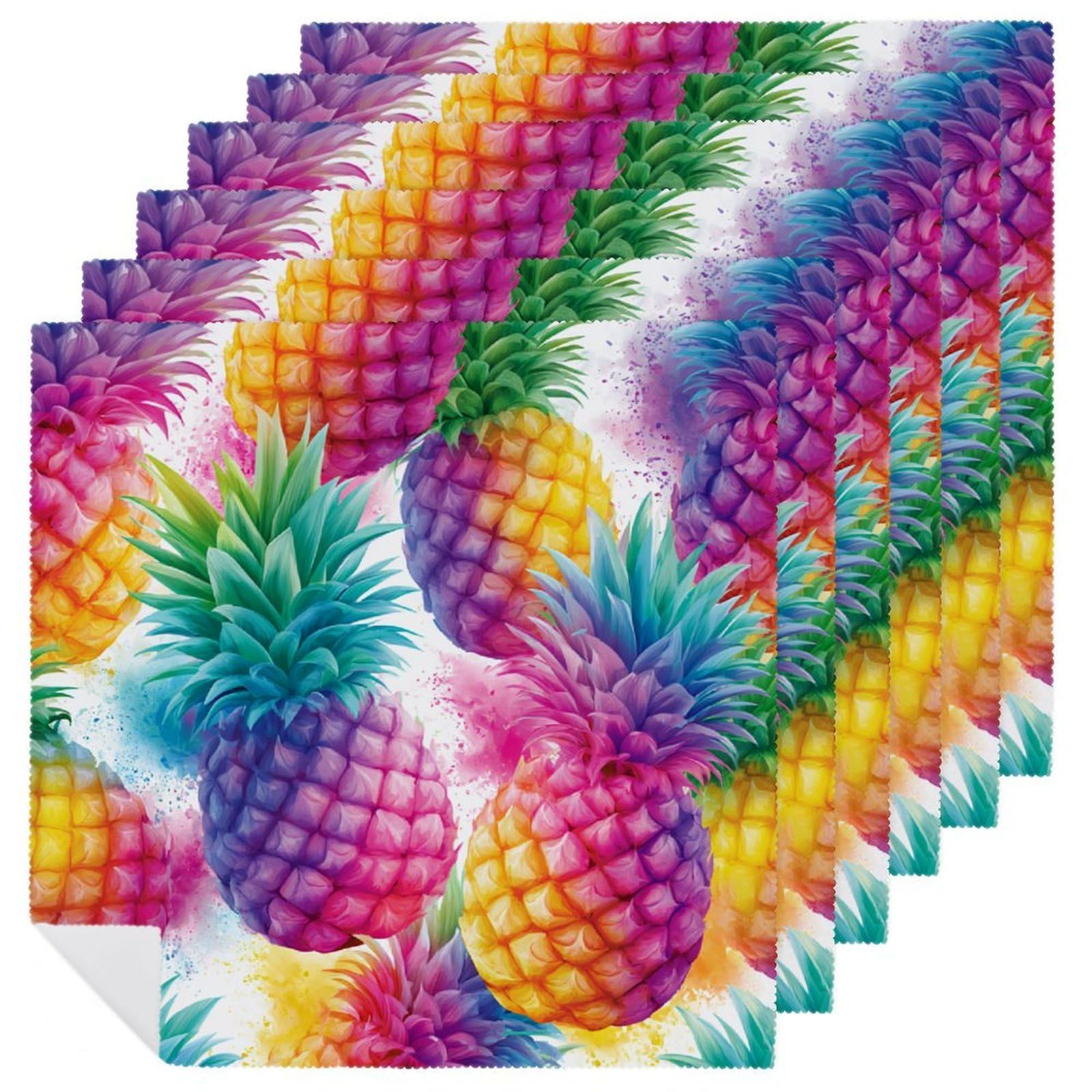 Watercolor Tropical Pineapple Fruit Color Splash Cloth Napkins Set of 6, Square Premium Reusable Washable Polyester Table Linen Napkin for Dinner Party