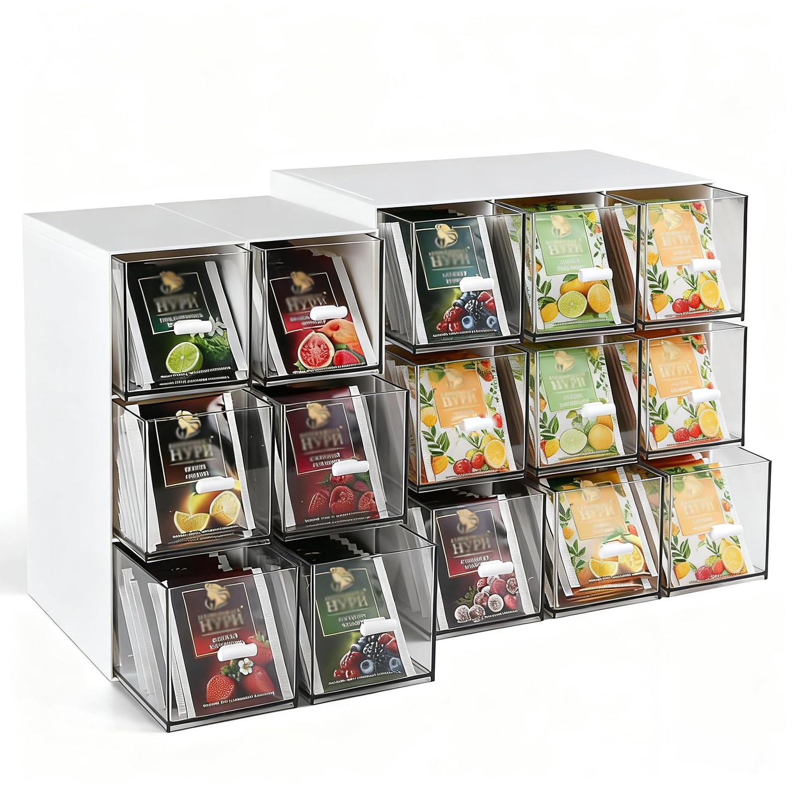 Lot de 5 boîtes à thé empilables avec 3 tiroirs - Rangement empilable - Peut stocker de petits sachets de thé, sachets de sucre, petits objets de café - Convient pour le bureau, la cuisine