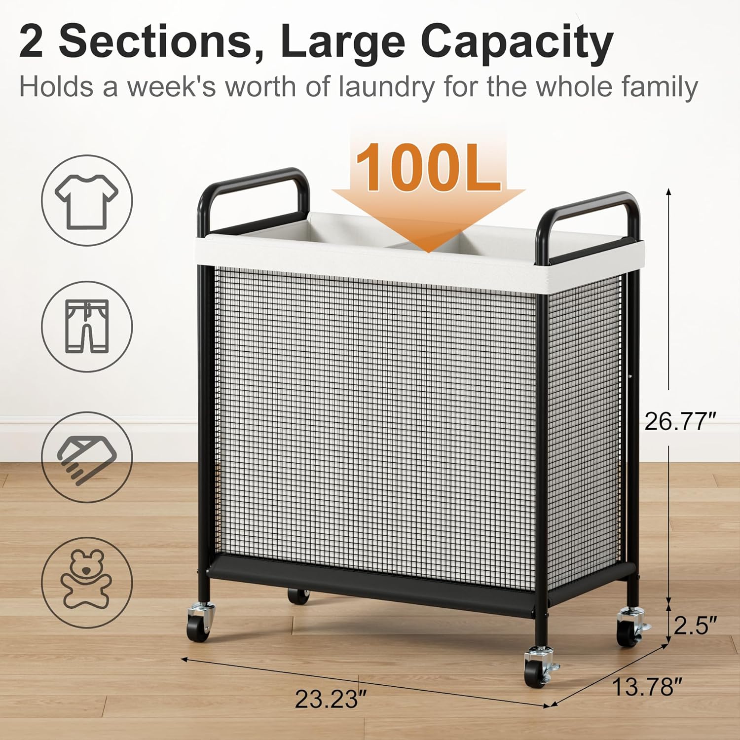 WOWLIVE Laundry Hamper 2 Section, 100L Rolling Laundry Basket with wheels and Removable Liner Bag, Double Laundry Sorter with Metal Handle, Clothes Hamper for Laundry Room, Bathroom and Dorm, Beige