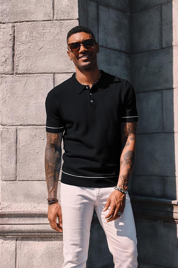 Camisa Polo de Hombre Manga Corta Texturizada Negra miniatura 3