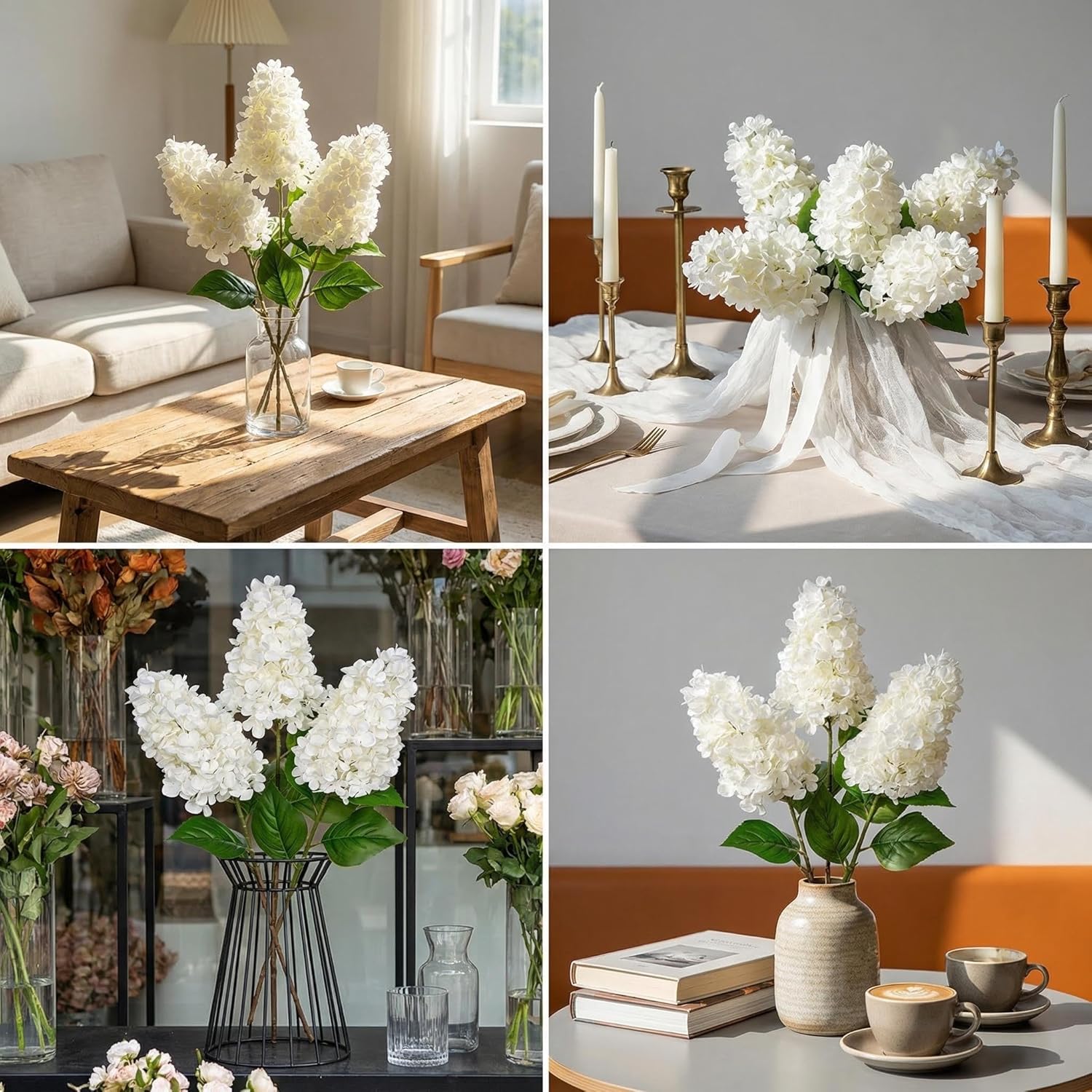 3PCS Fake Flowers Hydrangea Artificial Flowers 28" Long Stem White Faux Flowers for Vase, Real Touch Silk Flowers Décor for Floral Arrangement Home Farmhouse Office Hotel Decoration