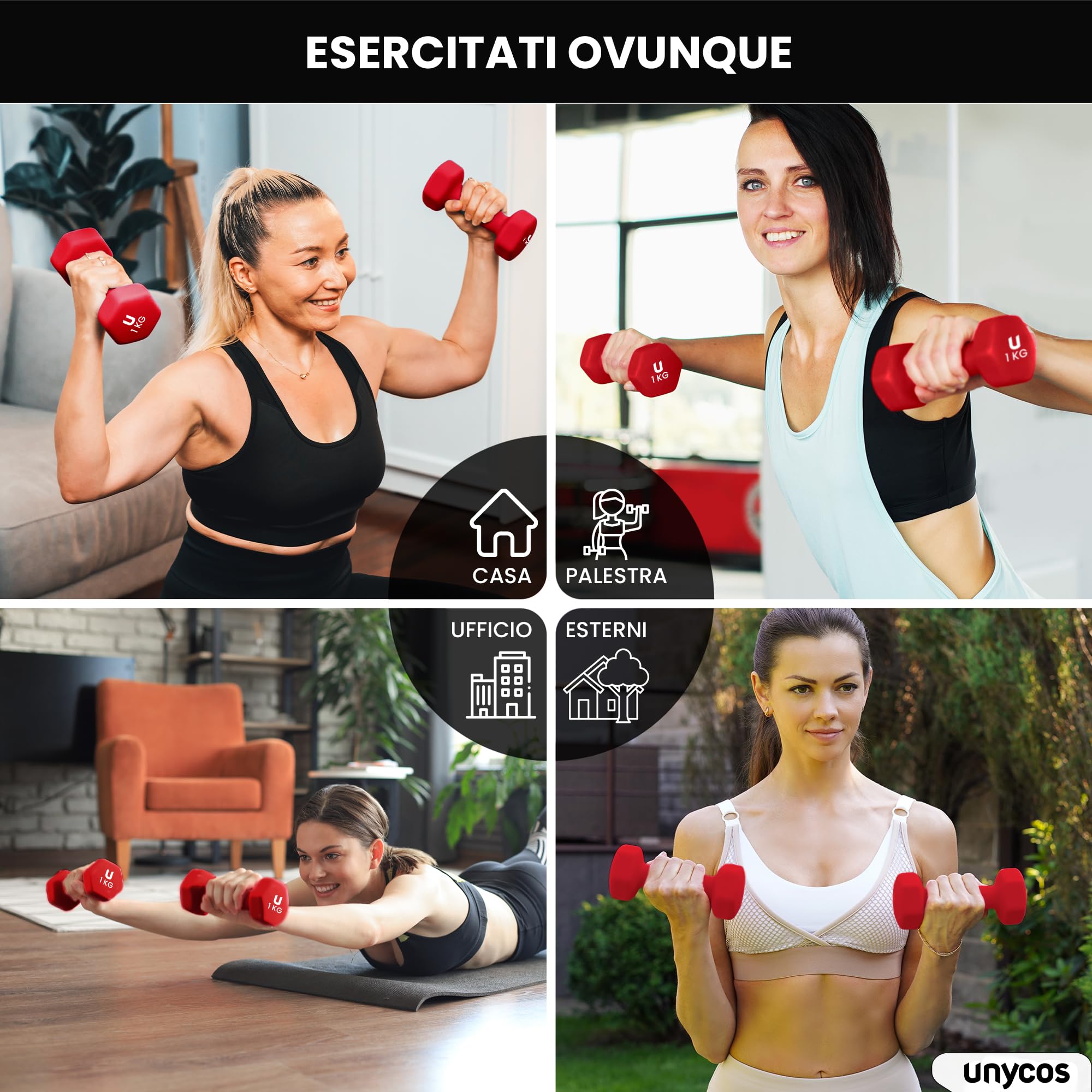 unycos - Coppia di Manubri【Ghisa/Neoprene】Esagonale da 1-10 kg, Set di Pesi Antiscivolo per Uomini/Donne, Palestra in Casa, Fitness, Allenamento della Forza, Include E-Book con 30 Esercizi