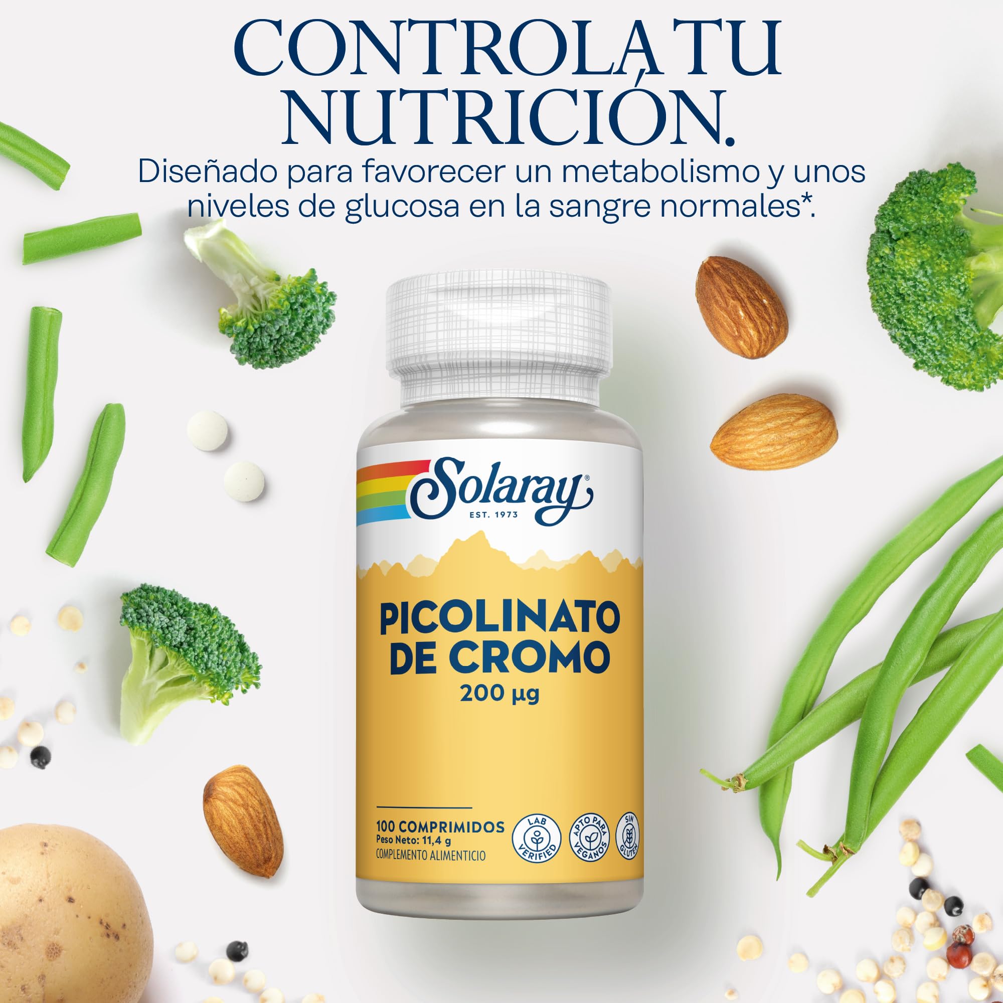 Picolinato de cromo de 200 mcg, 100 cápsulas veganas, suplemento de cromo de alta tasa de absorción, verificado en laboratorio Solaray