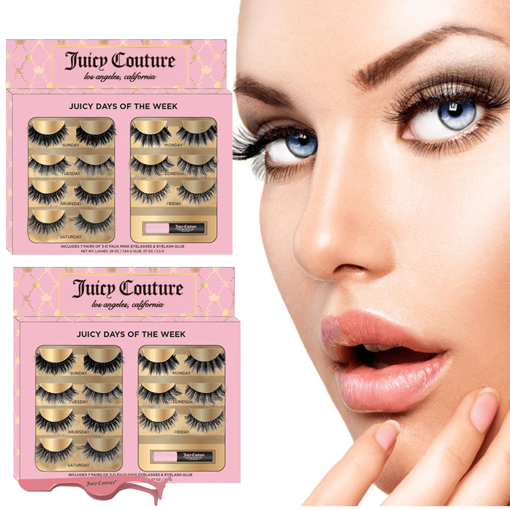 Juicy Couture False Mink Eye Lashes Strips – 3D Wispy Cat Eye Strips with Glue & Applicator – 7 Unique Lash Falsies Every Day for Natural, Fluffy, Dramatic Looks (14 Pairs)