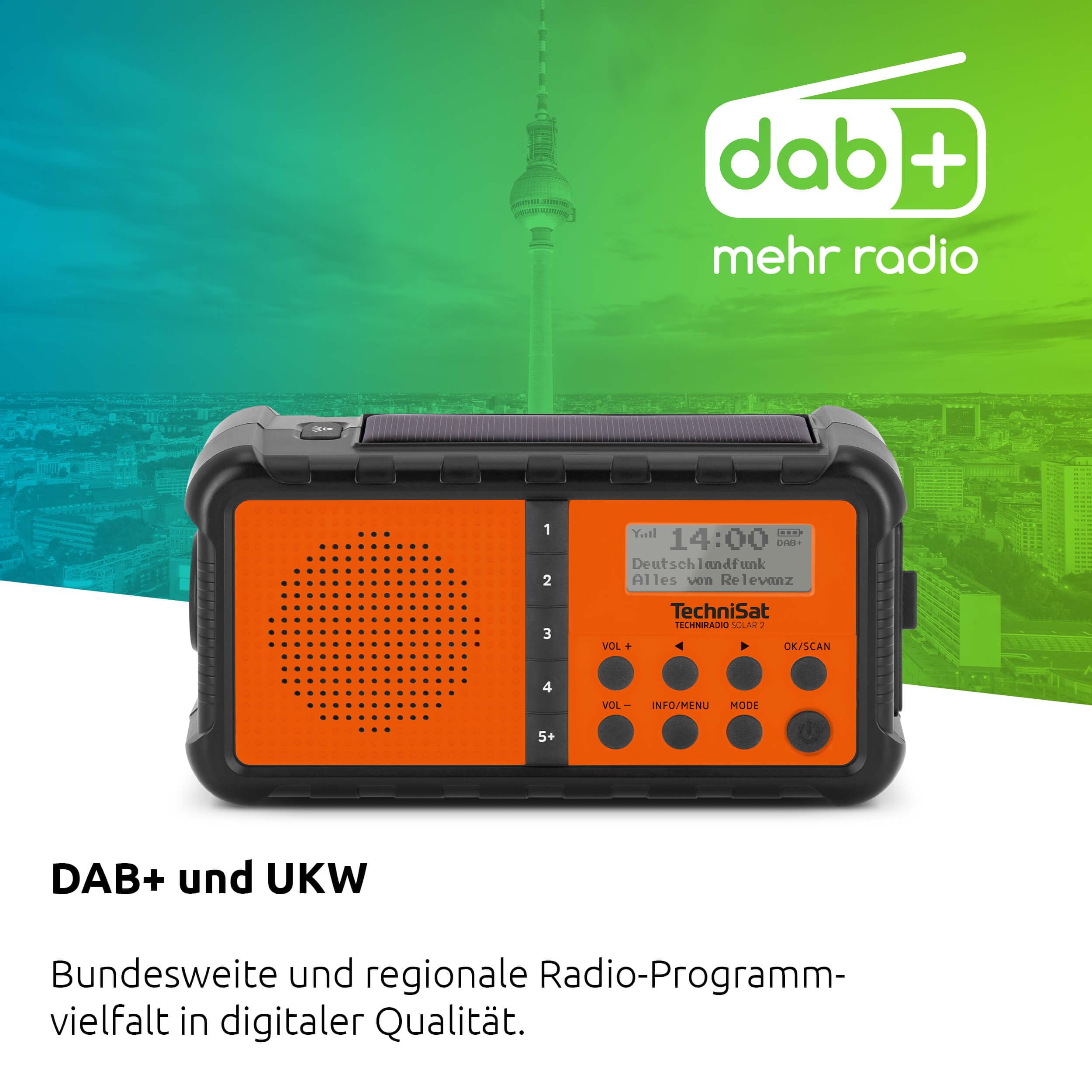 TechniSat TECHNIRADIO Solar 2 Radio Solaire à manivelle Dab+/FM (Radio de Camping Mobile avec Panneau Solaire, Batterie, Fonction Batterie Externe, Lampe de Poche LED, mémoire des favoris, boîtier en