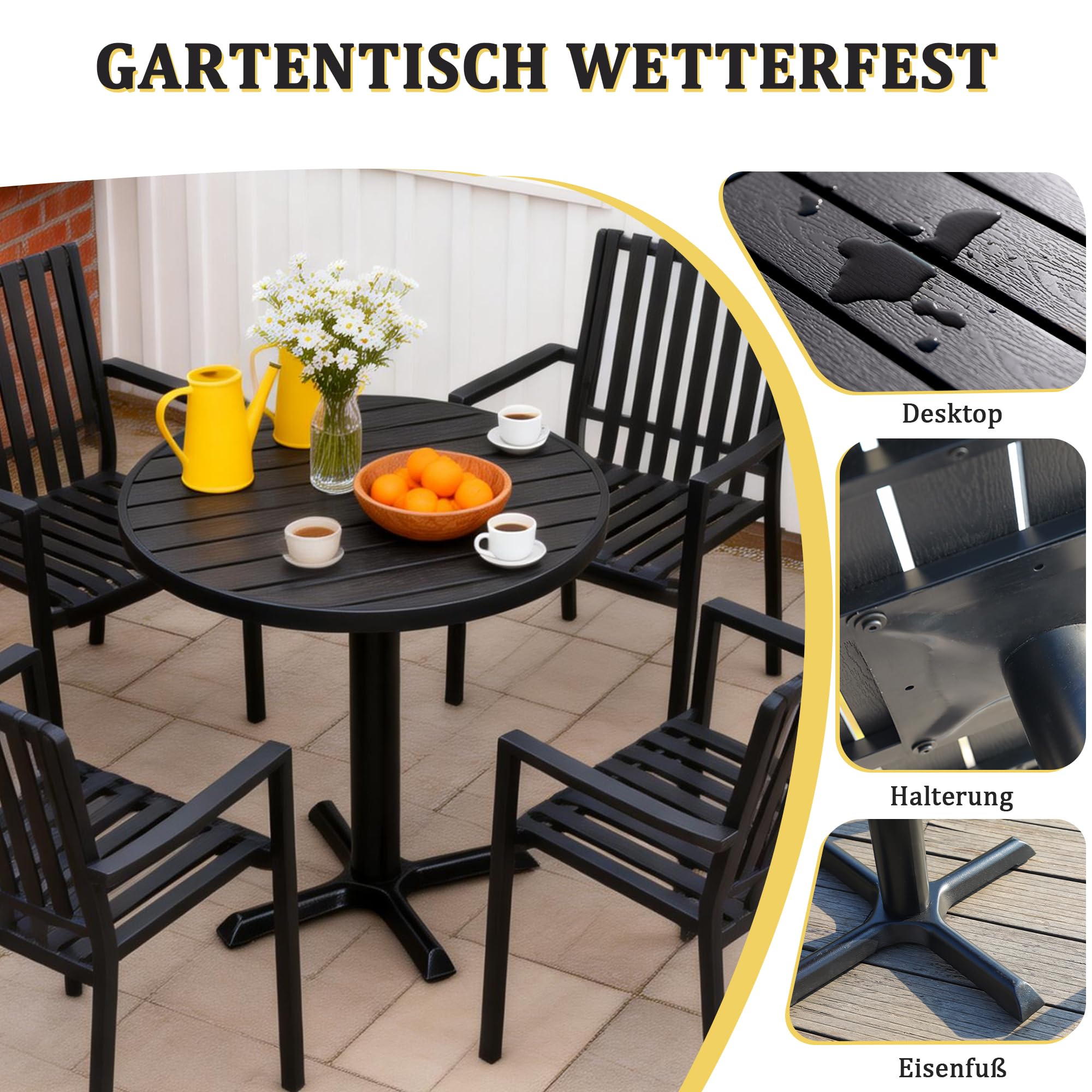 Mingone Gartentisch Rund, Balkontisch 60x60cm, Schwarz