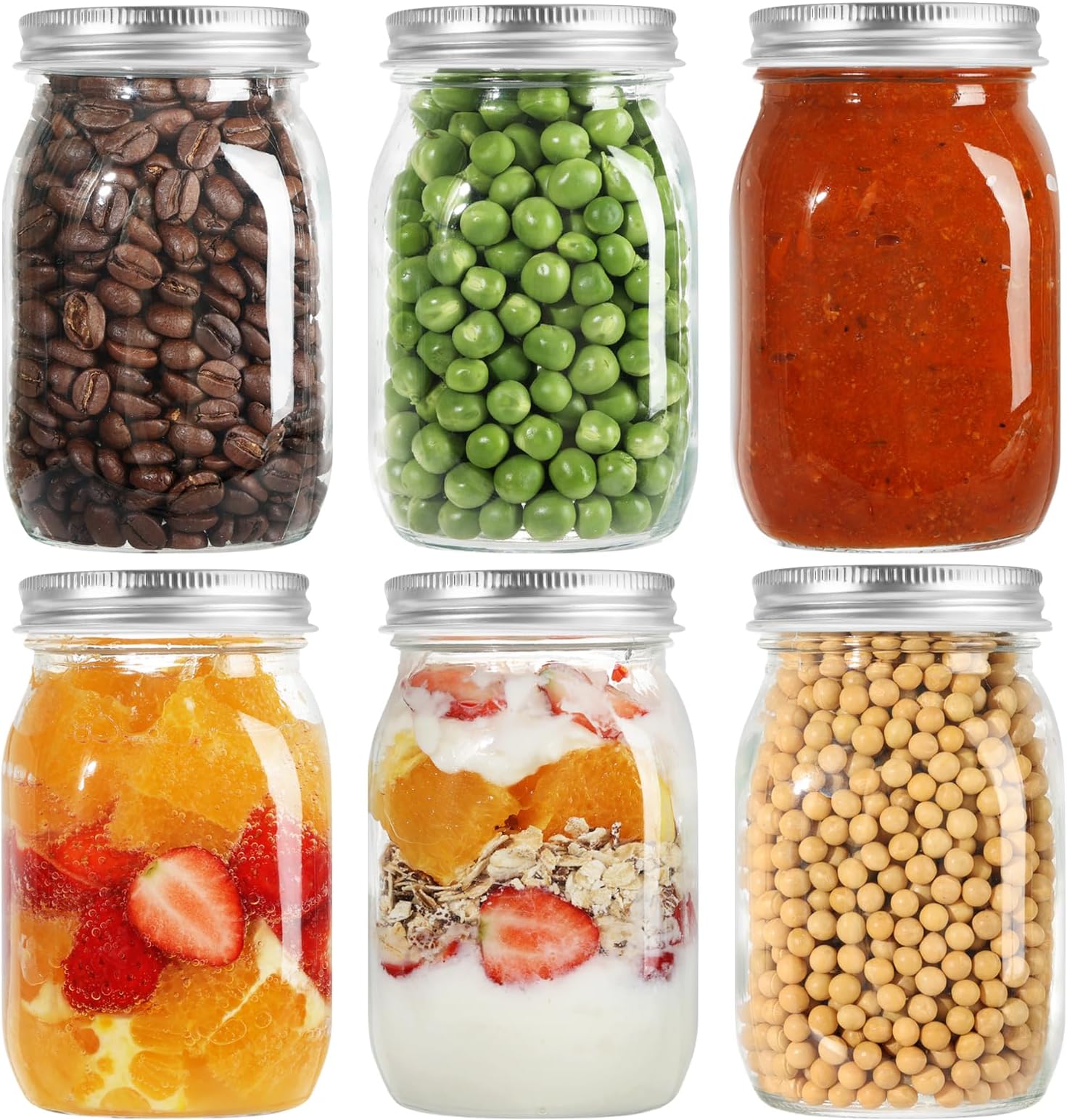 LIMILI Glass Jars with Lids, 6 Pack 500ml/ 16 oz Multipurpose Glass Jars with Lids, Overnight Oats Jar, Pickling Jars, Canning Jars, Preserving Jars, Meal Prep Jars for Food Storage
