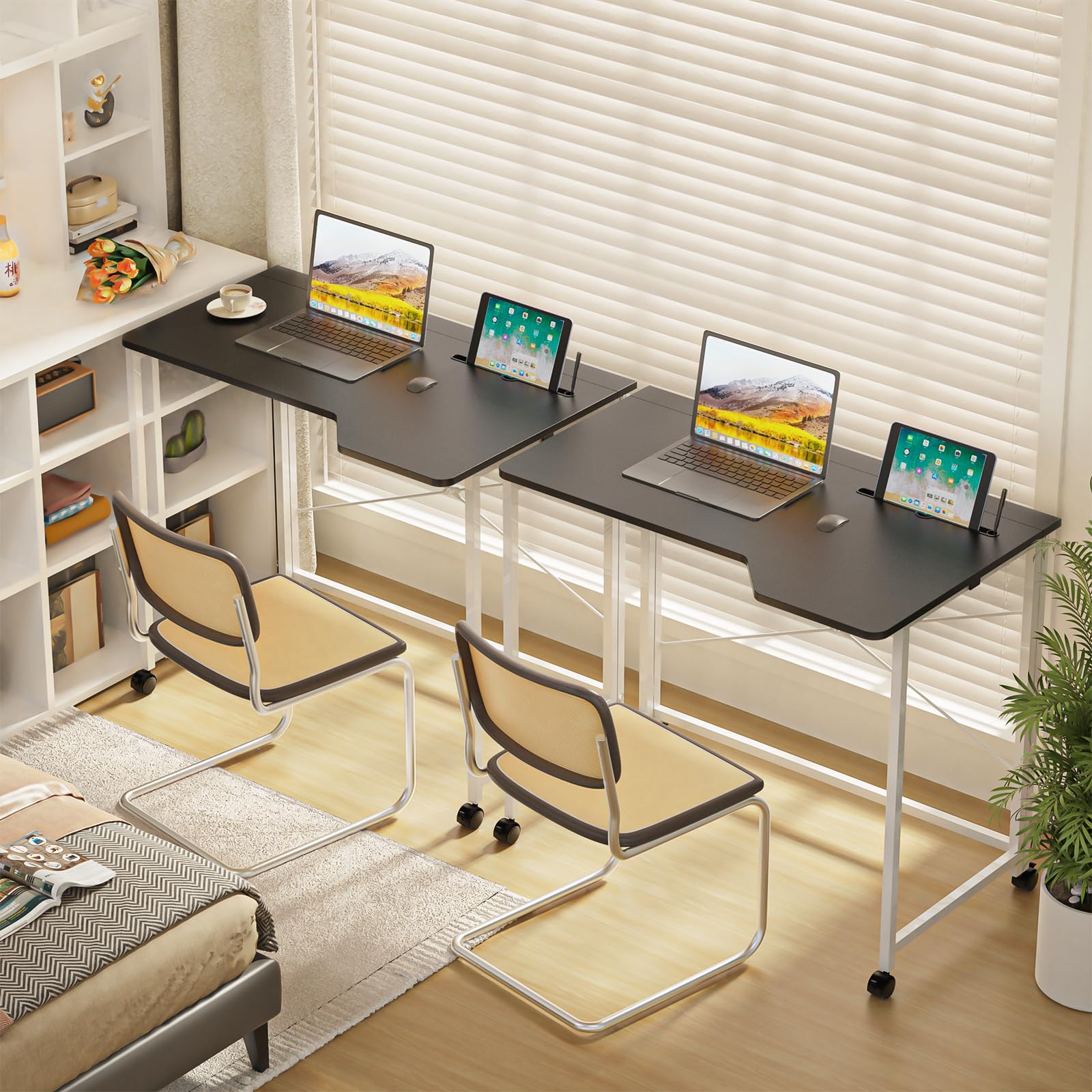 Klappbarer Schreibtisch mit Rollen, Klapptisch Computertisch mit Kartenschlitzen, Platzsparend und Mobiler, Geeignet für Heimbüro und Arbeitszimmer (Schwarz, 90x56x76cm)